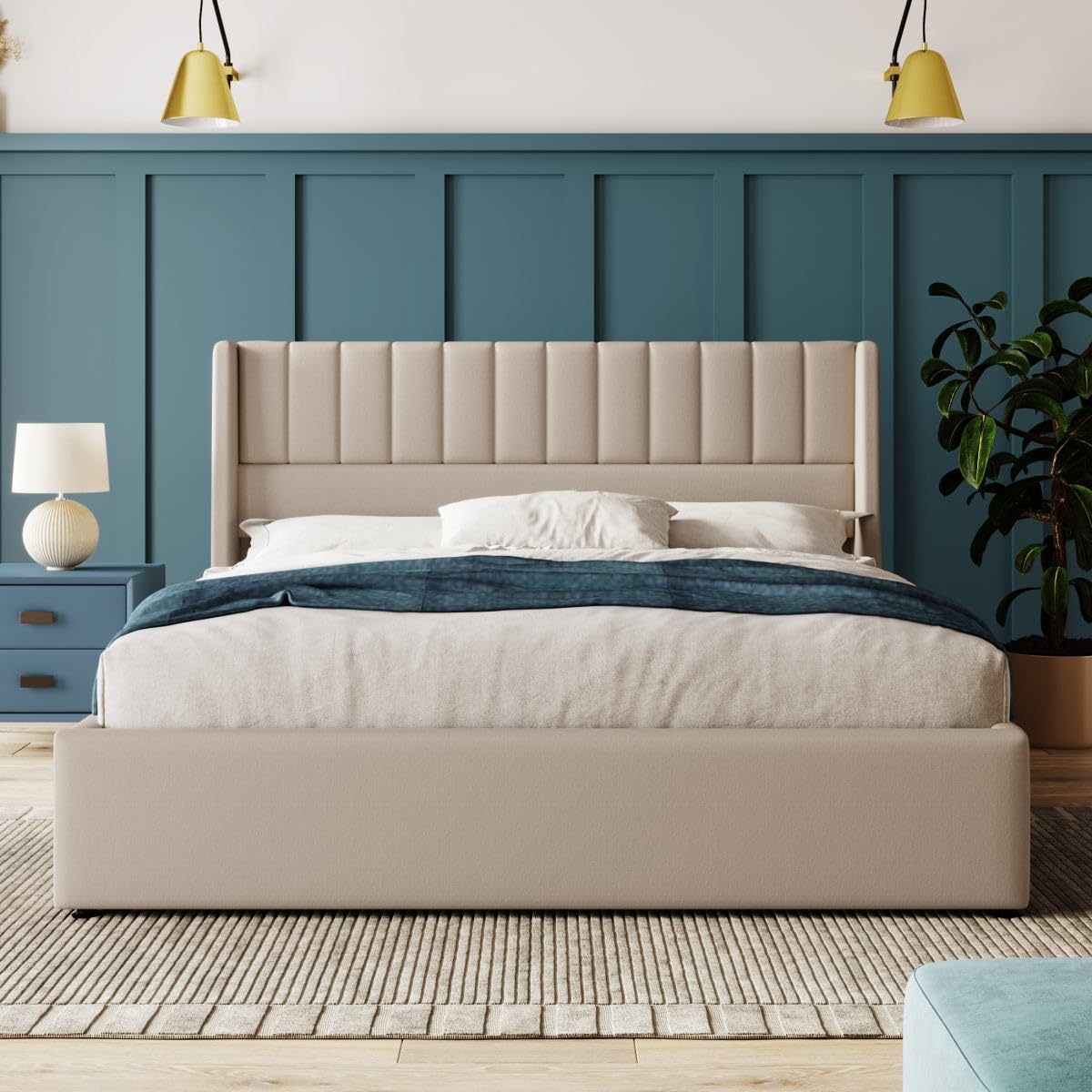 Sweiko Upholstered Linen Bed 180 x 200 cm Hydraulic with Vertical Stripe Design