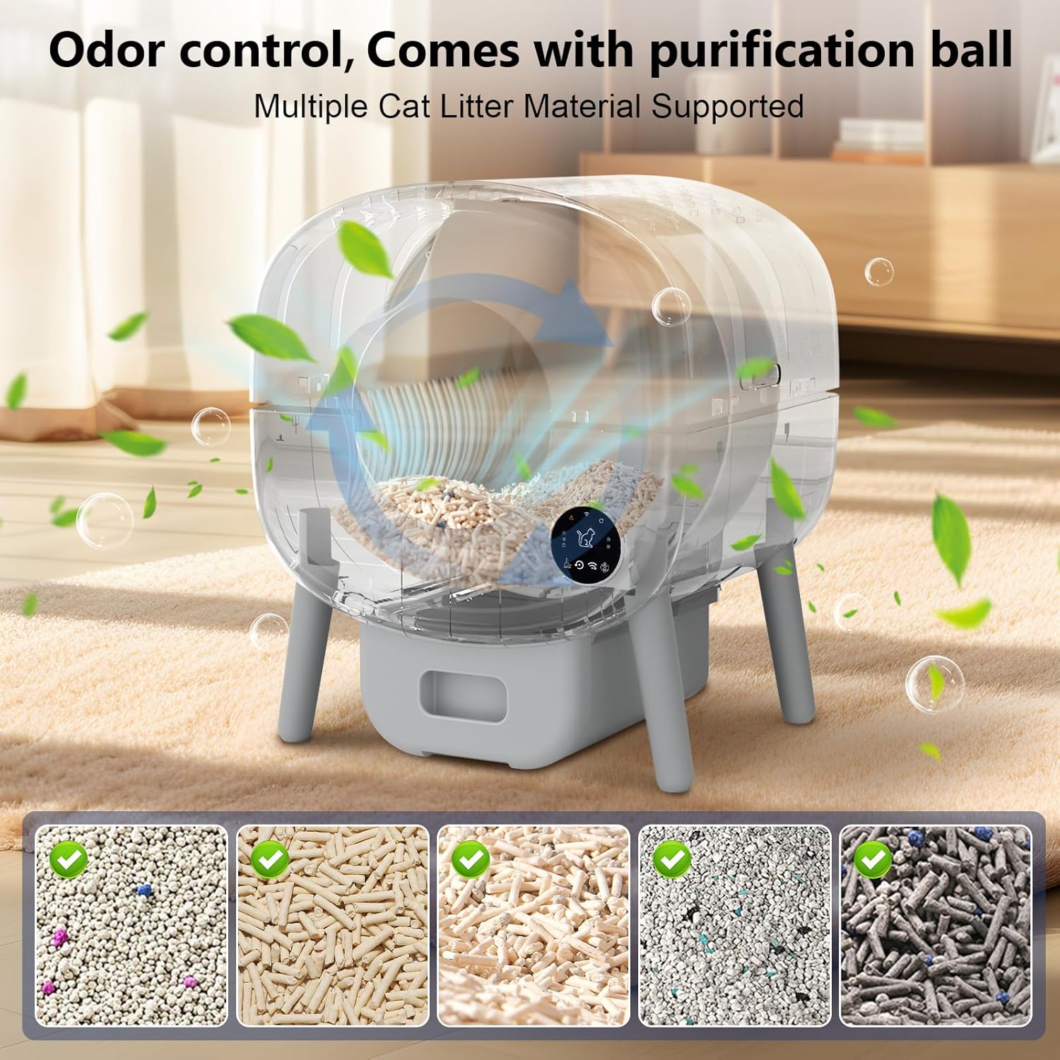 Self Cleaning Litter Box, 95 L Automatic Cat Litter Box Self Cleaning for Multiple Cats, with Safety Protection, App Control,2 Roll Garbage Bags