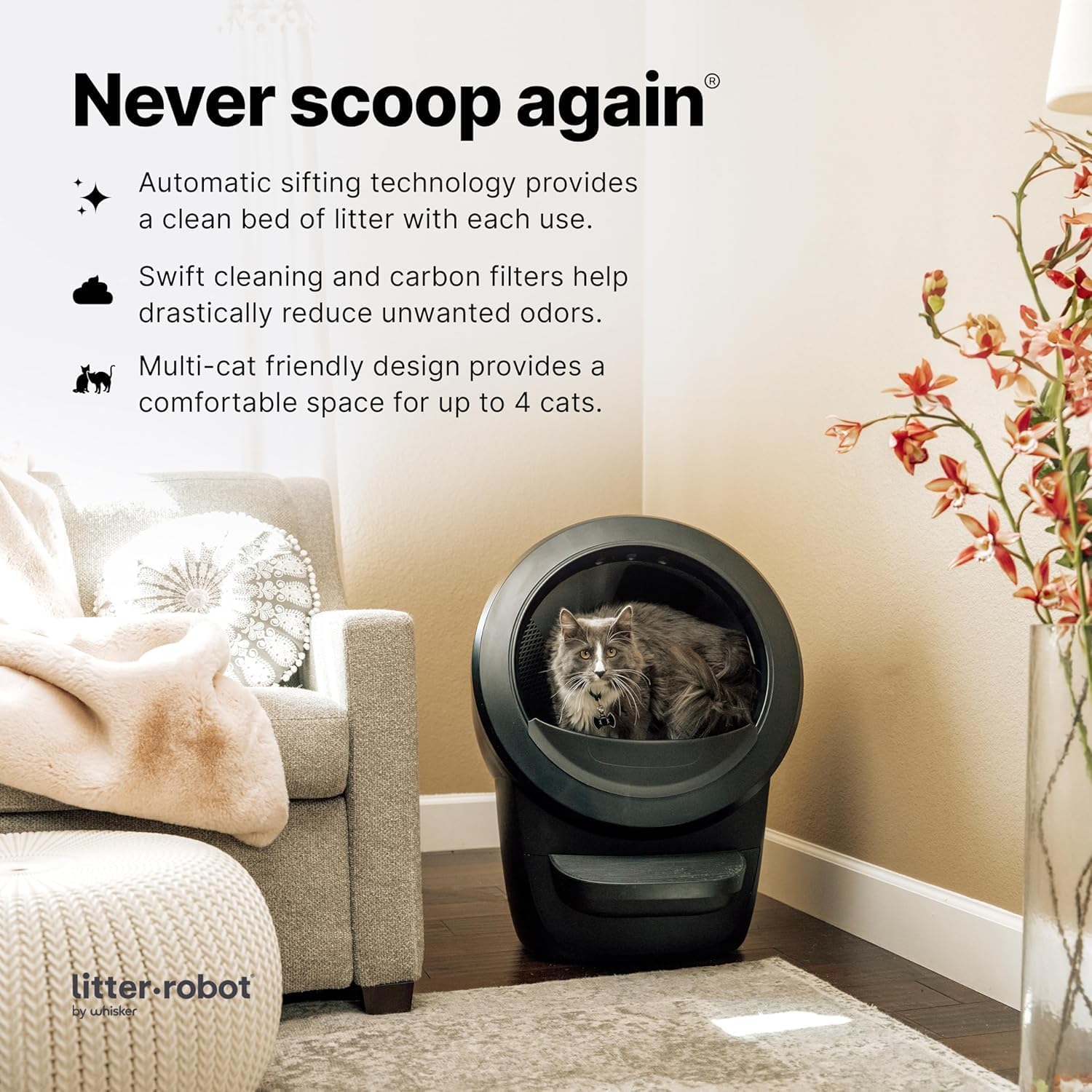 Litter-Robot 4 Total Bundle by Whisker (Black) - Automatic, Self-Cleaning Cat Litter Box, Includes Litter-Robot 4, LitterHopper, 6 OdorTrap Pack Refills, 50 Waste Drawer Liners, Ramp, Mat & Fence