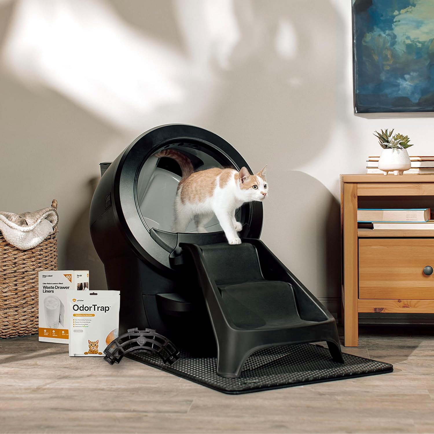 Litter-Robot 4 Total Bundle by Whisker (Black) - Automatic, Self-Cleaning Cat Litter Box, Includes Litter-Robot 4, LitterHopper, 6 OdorTrap Pack Refills, 50 Waste Drawer Liners, Ramp, Mat & Fence