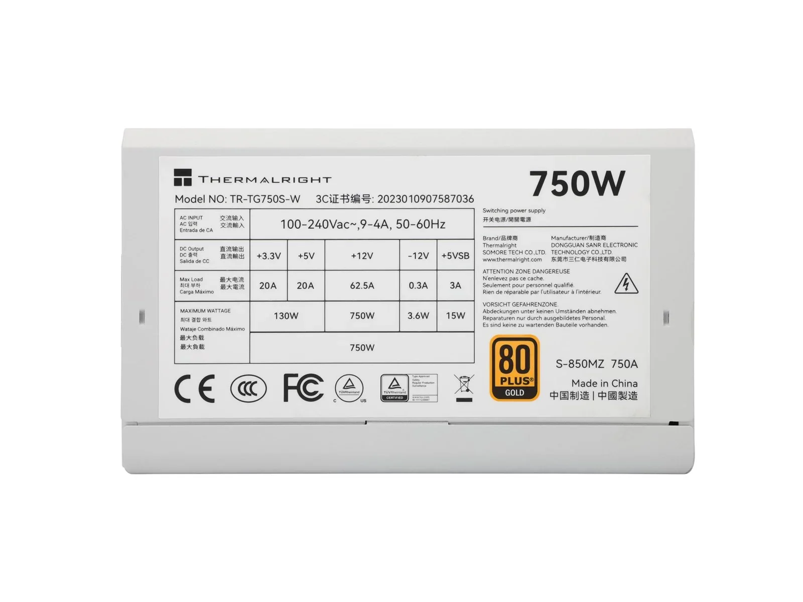 Thermalright TR-TG 750S-W Hvid- PSU. 80+ Gold. 750W. non-modular