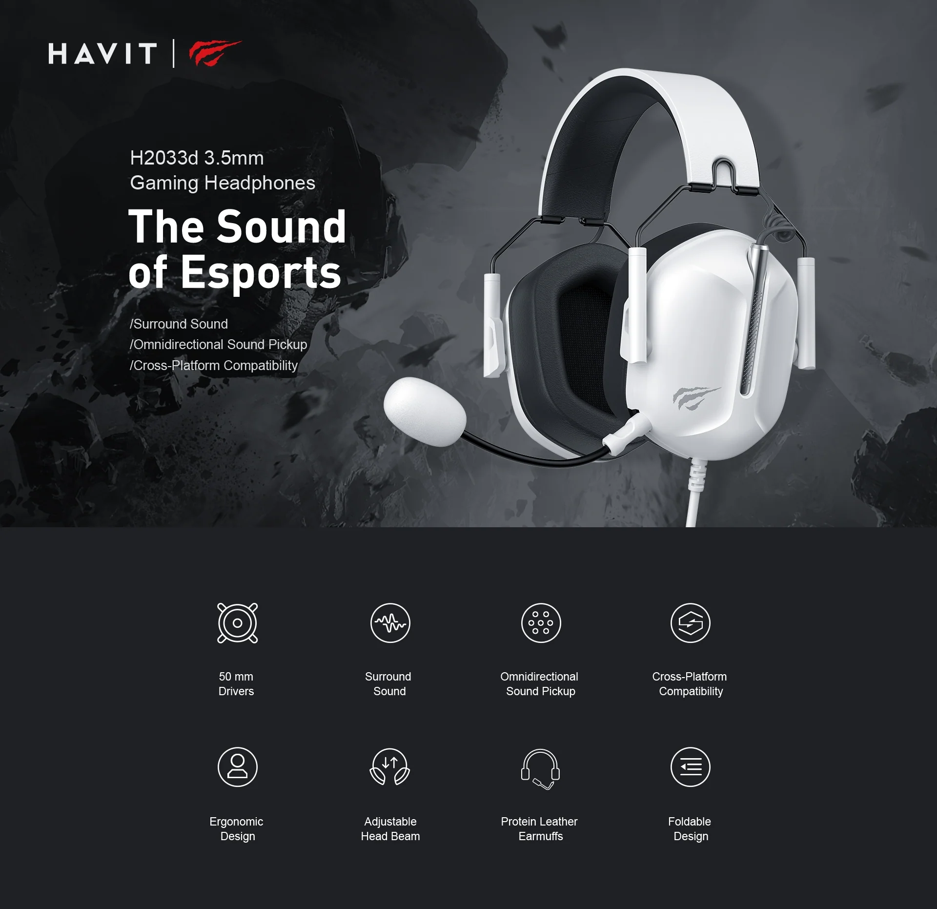 Gaming headphones HAVIT H2033d (white-black)