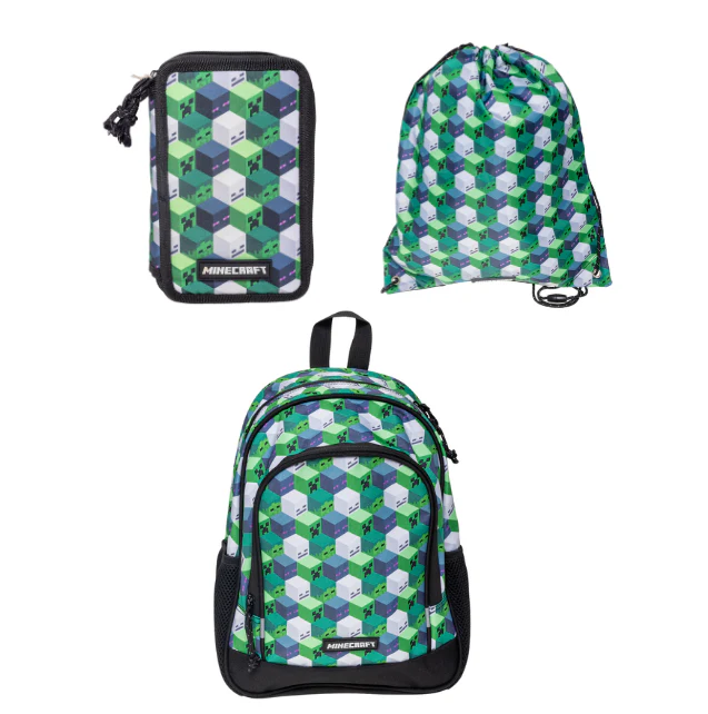 Minecraft – Gymnastikpose + Medium Rygsæk + Fyldt Penalhus (Sæt)