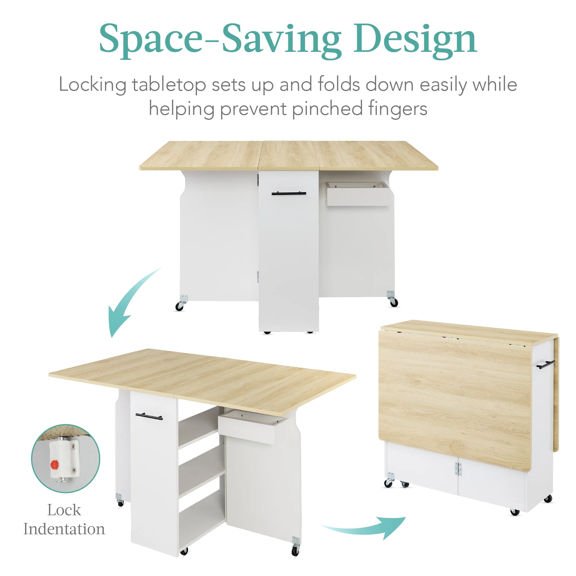 Best Choice Products Multipurpose Folding Table w/ Wheels, 3 Storage Shelves, Cubby, Handle - Brown