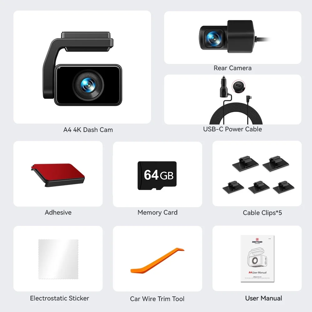 REDTIGER A4 Dash Cam 4K, Dash Cam Front and Rear with 5.8G Wifi & GPS, Touch Screen Dash Cam, Voice Control, Super Night Vision, G-Sensor, Free 64GB Card