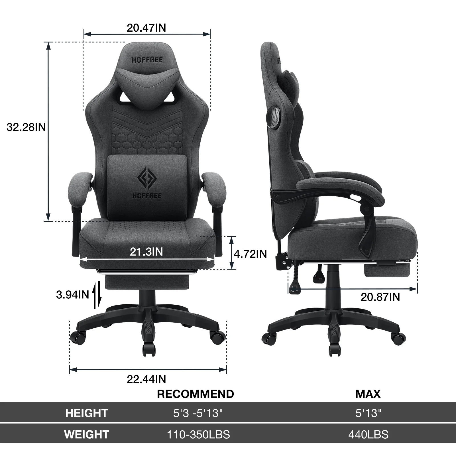 Hoffree Gaming Chair with Speakers Fabric Gamer Chair with footrest and massage Big and Tall Video Game Chair with Headrest and Lumbar Support for Adults