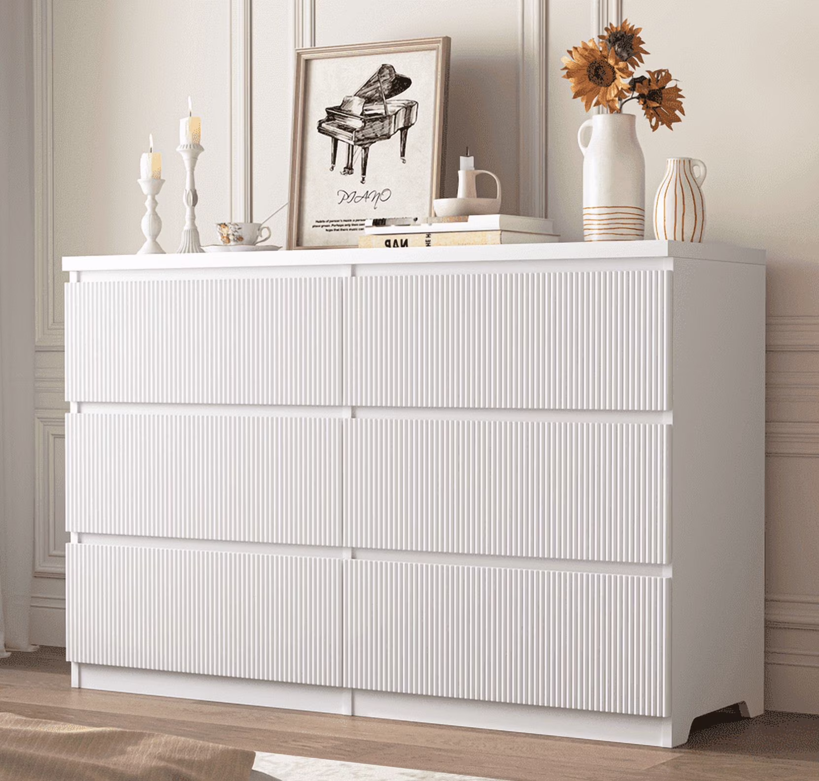 Fluted 6 Drawers Dresser, Wide Modern Chest of Drawers, Curved Profile Design, Dresser TV Stand, Wood Drawer Organizer for Bedroom, Living Room, Hallway