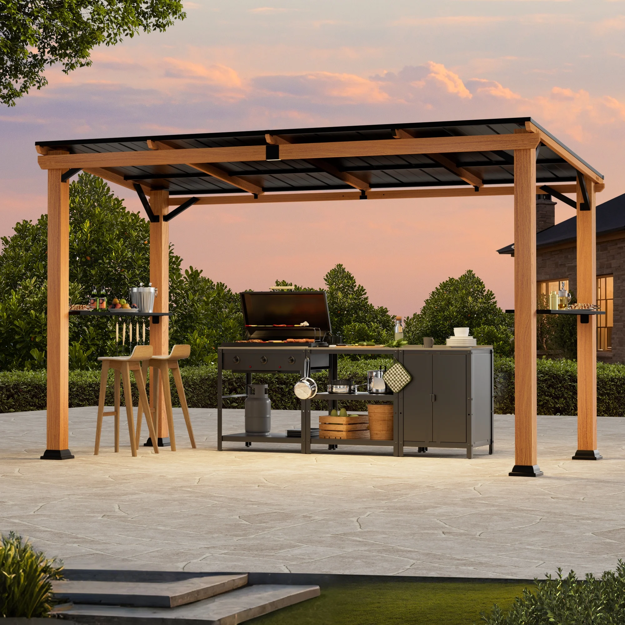 FONA Hardtop Grill Gazebo 6'x12'with Side Shelf, Outdoor Gazebo with Bottle Opener & Hooks, Grill Canopy with Sturdy Rustproof Design for Backyard, Garden, Patio,Wood-Looking