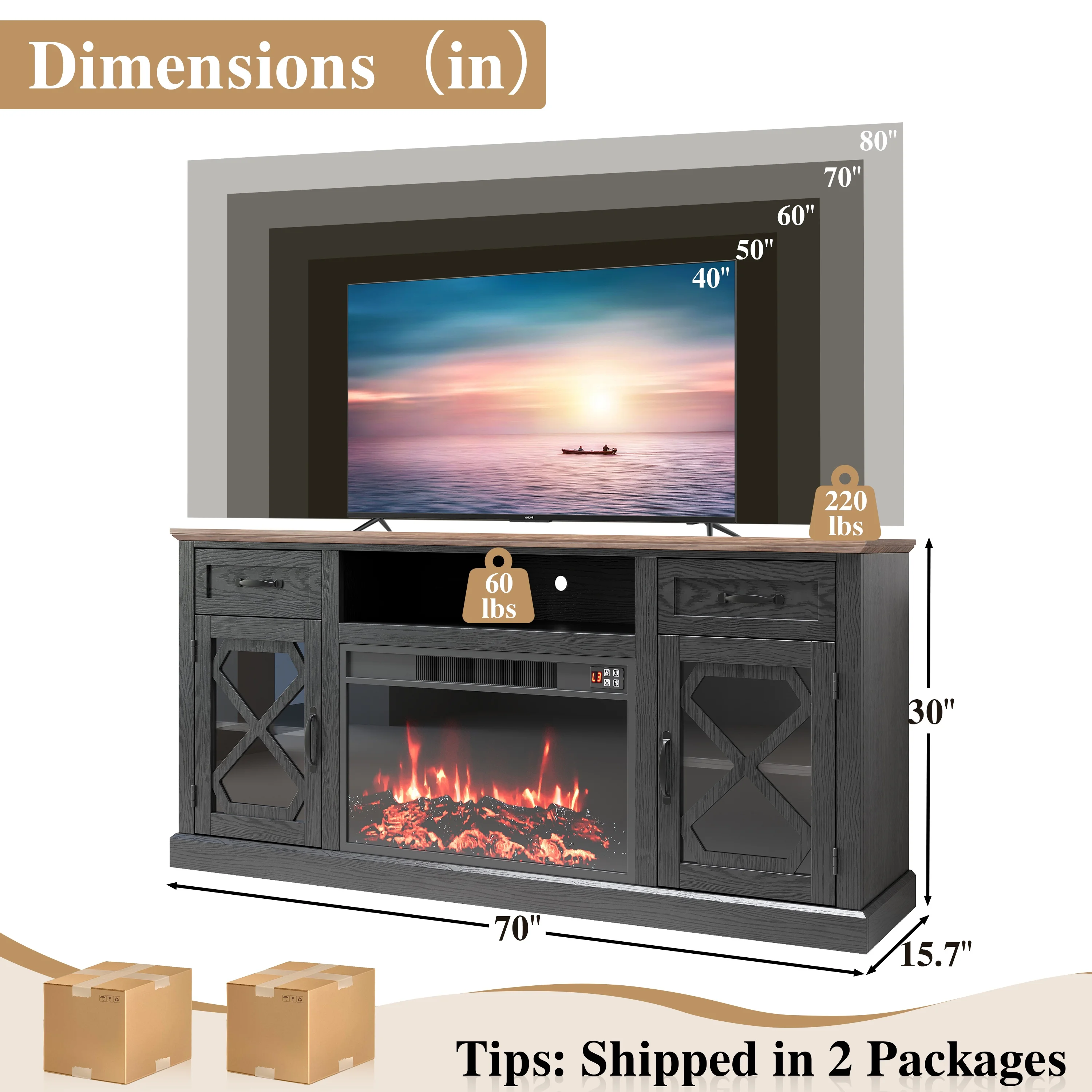 PAPROOS Fireplace TV Stand for 65 Inch TV, Modern Farmhouse TV Cabinet with 23'' Electric Fireplace, Entertainment Center Television Console Table for Living Room, Black+Brown
