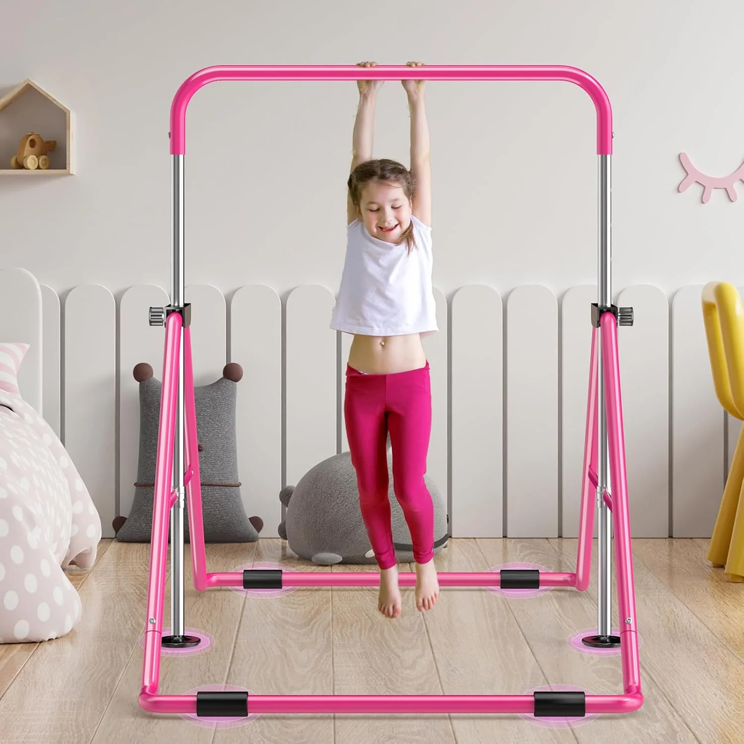 Safly Fun Gymnastics Bar with Mat for Kids, Height Adjustable Junior Training Bar Mat for Home, Folding Gymnastic Horizontal Bars Equipment (Pink+Mat)