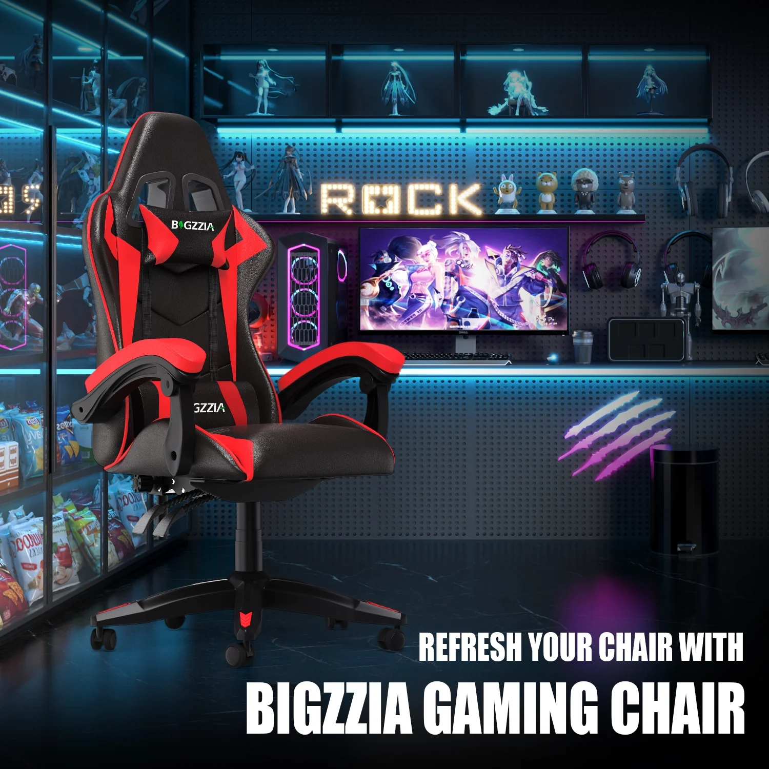 Bigzzia Gaming Chair Office Chair, Ergonomic Game Chair with Height Adjustable Headrest and Lumbar Support for Adults Teens, Black & White