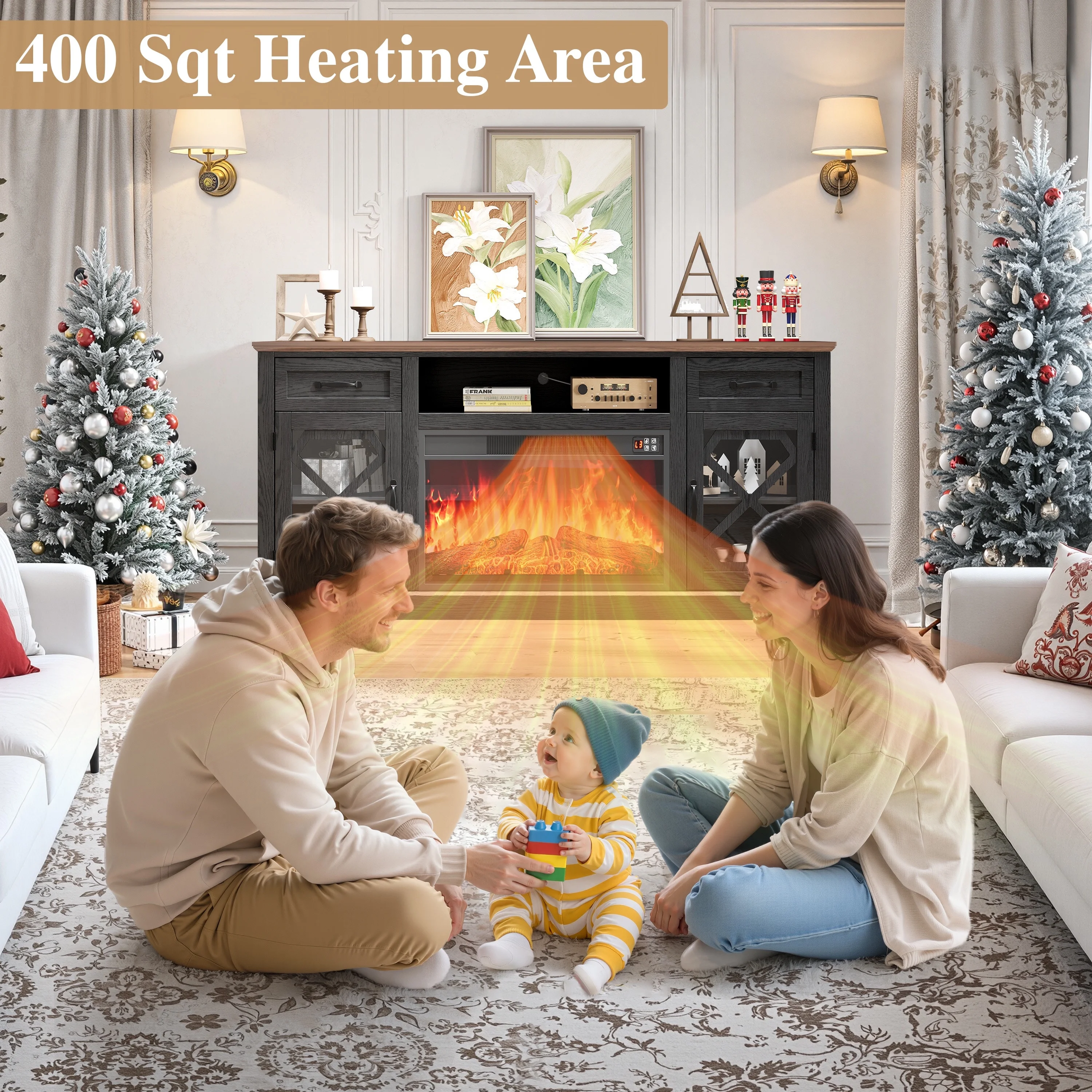 PAPROOS Fireplace TV Stand for 65 Inch TV, Modern Farmhouse TV Cabinet with 23'' Electric Fireplace, Entertainment Center Television Console Table for Living Room, Black+Brown