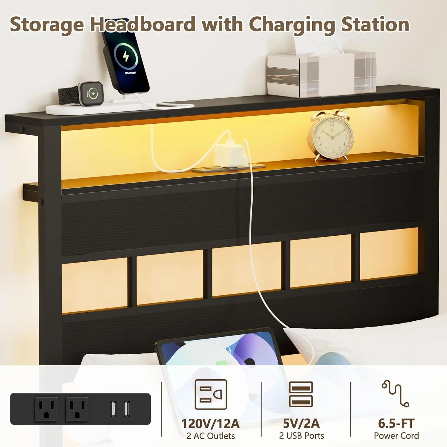 RONOVIA  Twin Bed Frames with Charging Station and LED Lights, Twin Size Platform Bed with Metal Slats, Wood Headboard with 2-Tier Storage Shelves, No Box Spring Needed, Black Oak