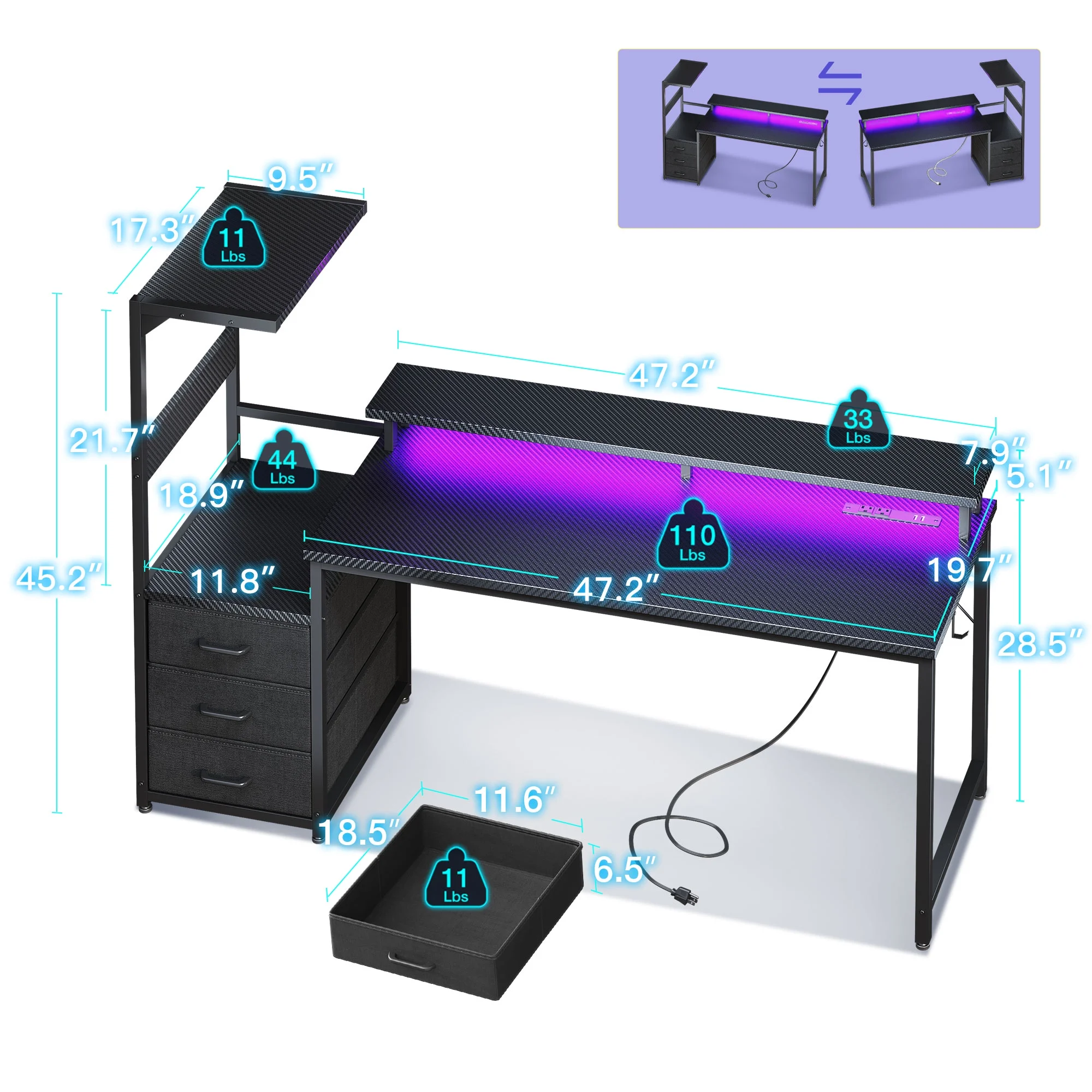 59 inch Gaming Desk with USB Charging Ports & LED Light- Reversible Computer Desk with Storage Shelves & Monitor Stand, Modern Gamer Desk Table with Fabric Drawers & Side Hook, Carbon Fiber Black