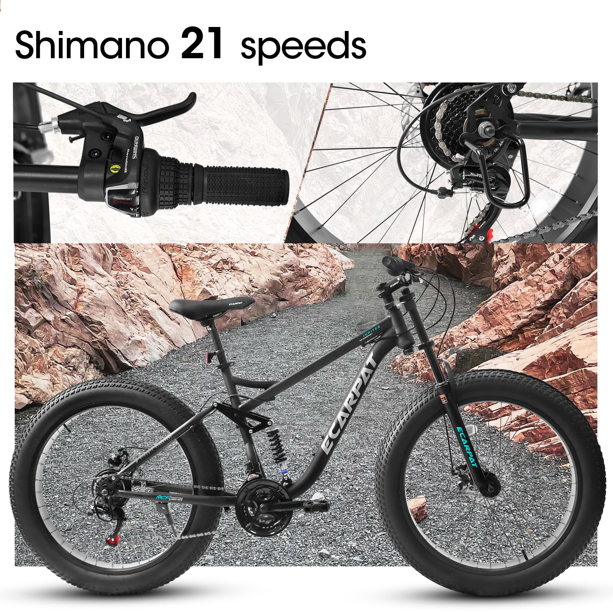 26 in Men's Fat Tire Bike,Shimano 21-Speed,Full Suspension Mountain Bike,Black