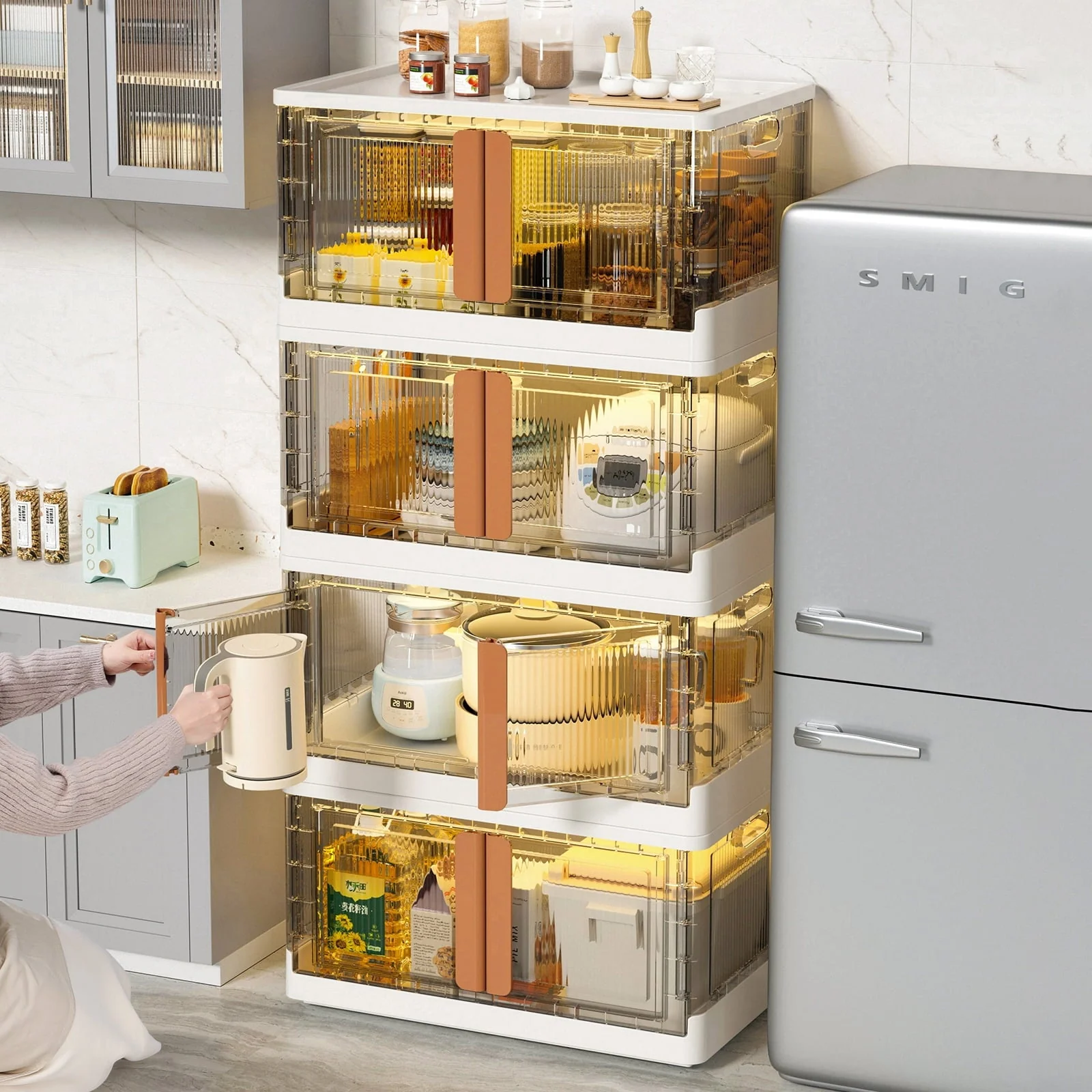 Closet Organizers and Storage, Folding Storage Box, Collapsible Totes , 4 Packs 8.4 Gal Clear Storage Bins, Stackable Storage Container, Shelves Organizer for Home