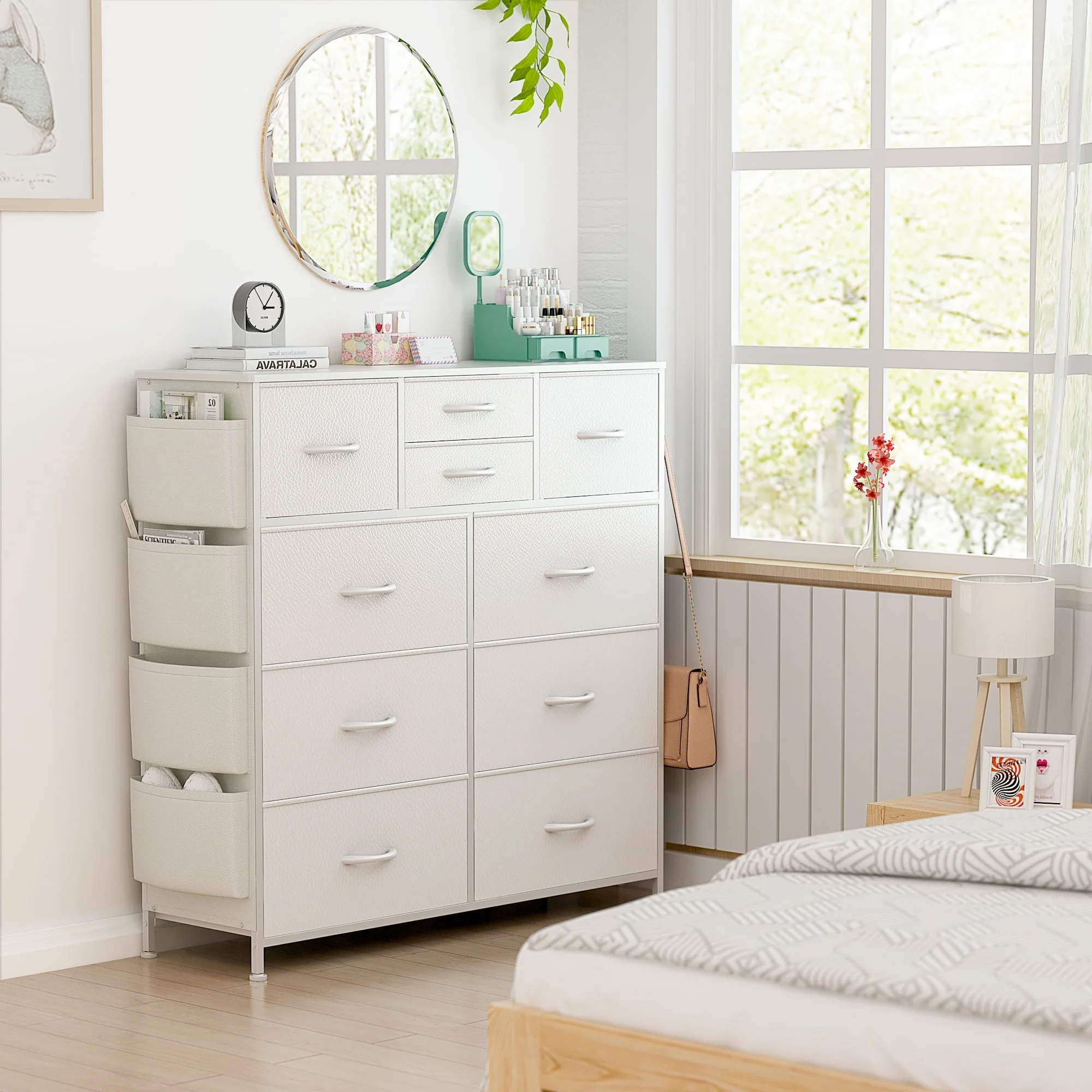 GIKPAL 10 Drawer Dresser, White Dresser Chest of Drawers Dressers for Bedroom Modern PU&Fabric Dresser Tall Dresser with Side Pockets and Hooks, White