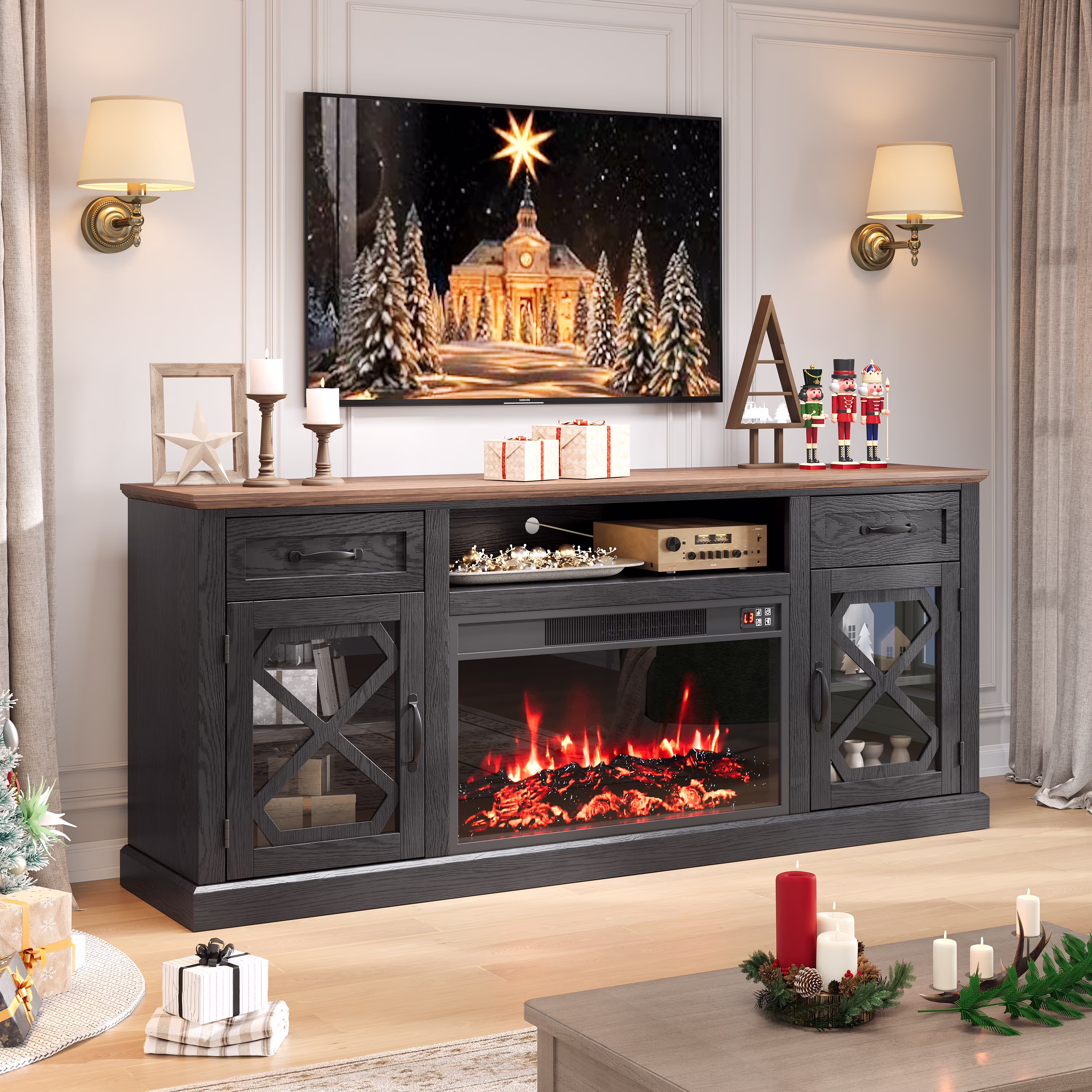 PAPROOS Fireplace TV Stand for 65 Inch TV, Modern Farmhouse TV Cabinet with 23'' Electric Fireplace, Entertainment Center Television Console Table for Living Room, Black+Brown