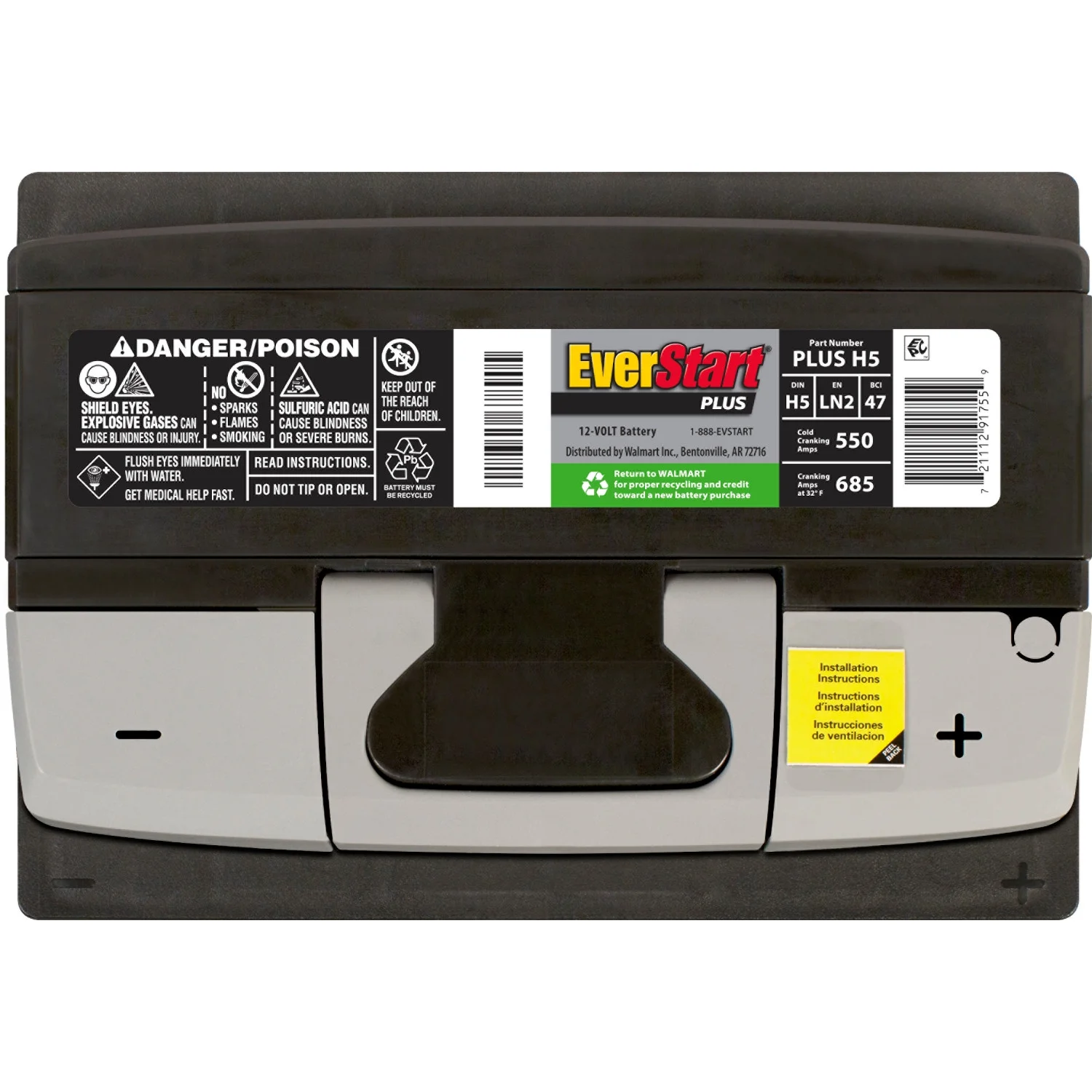 EverStart Plus Lead Acid Automotive Battery, Group Size H5 / LN2 / 47 12 Volt, 550 CCA 80RC