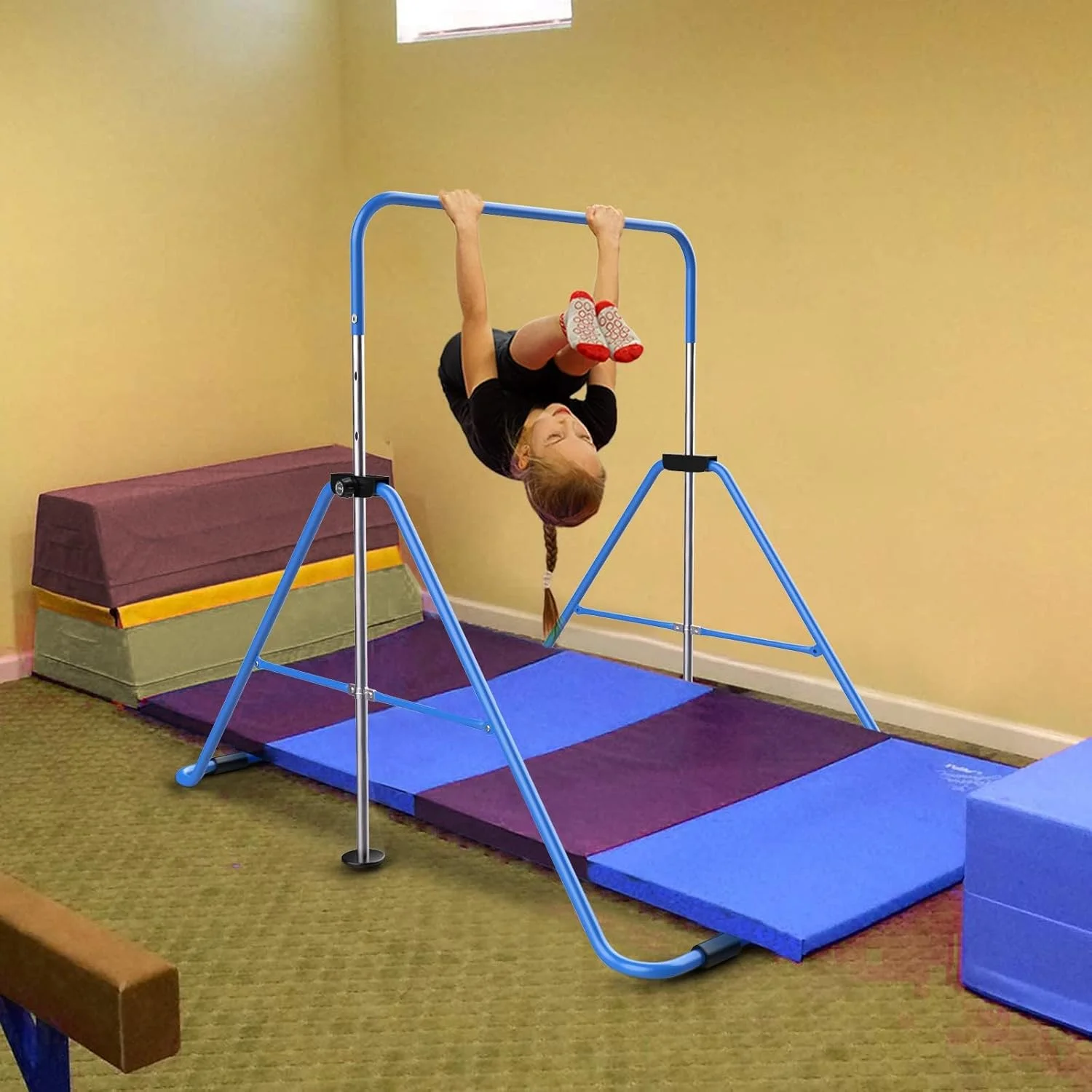 Safly Fun Gymnastics Bar with Mat for Kids, Height Adjustable Junior Training Bar Mat for Home, Folding Gymnastic Horizontal Bars Equipment (Pink+Mat)