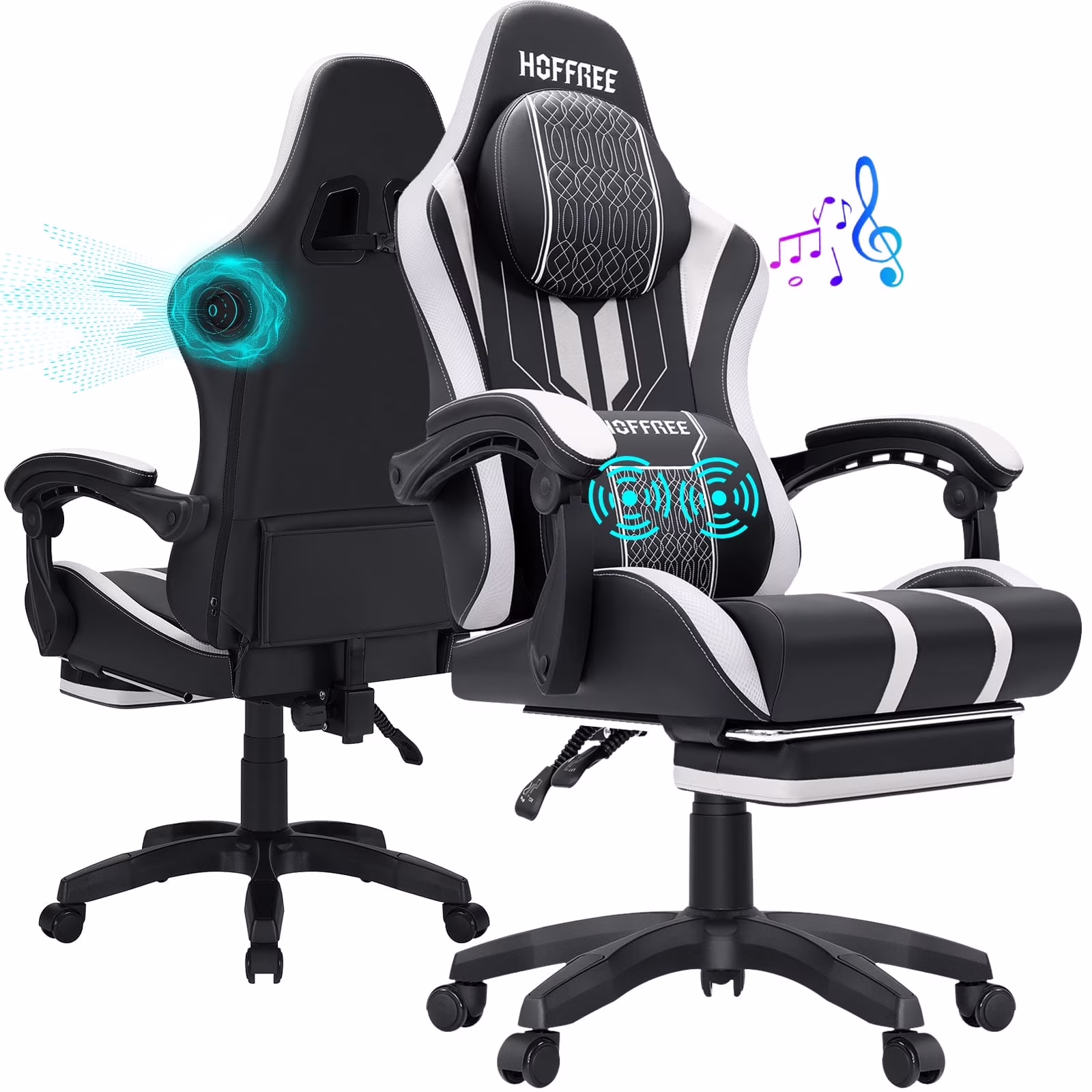 Hoffree Gaming Chair with Bluetooth Speakers Big and Tall Gamer Chair with Footrest and Massage Game Chair with Lumbar Support and 360-Swivel Seat and Headrest for Adults, 400lbs