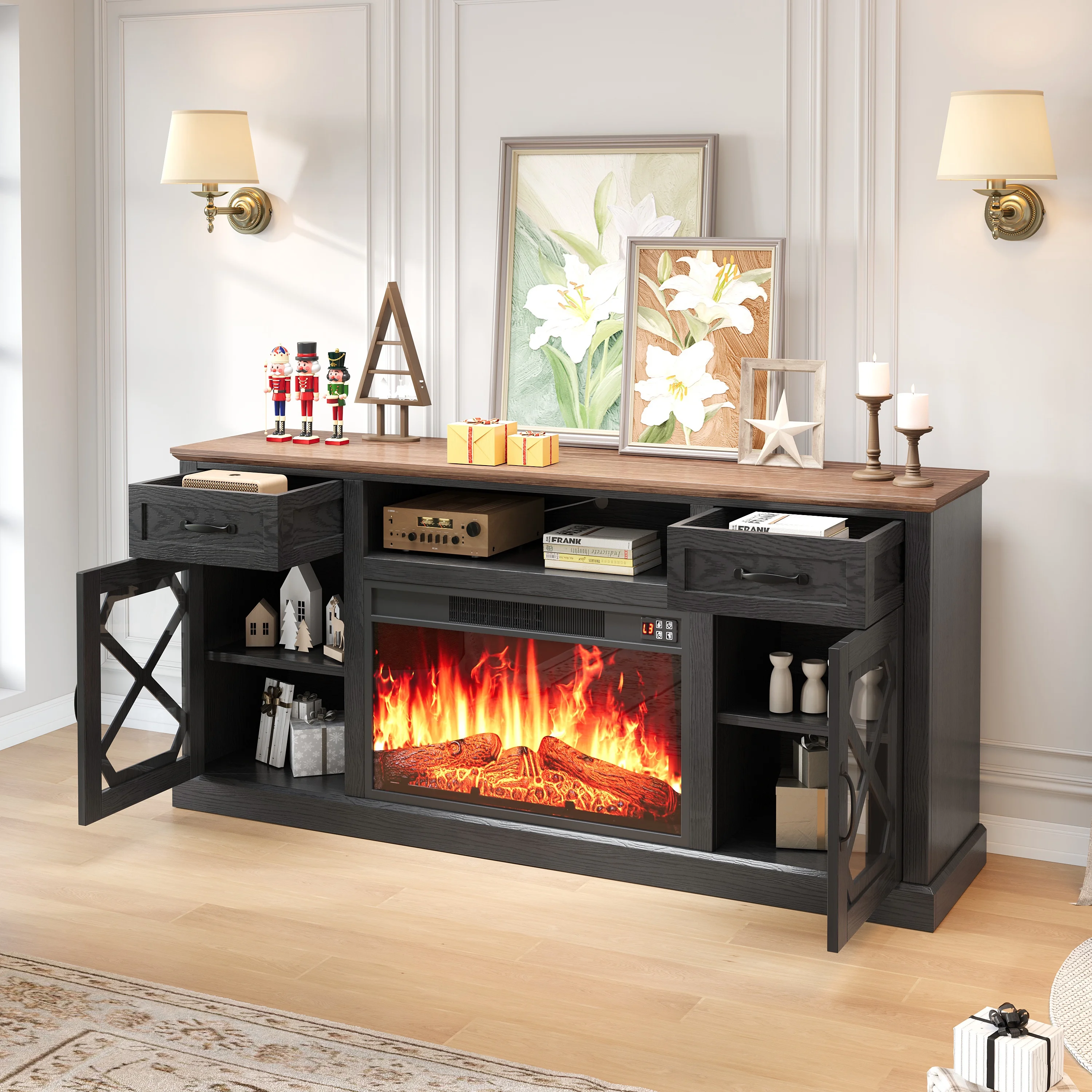 PAPROOS Fireplace TV Stand for 65 Inch TV, Modern Farmhouse TV Cabinet with 23'' Electric Fireplace, Entertainment Center Television Console Table for Living Room, Black+Brown