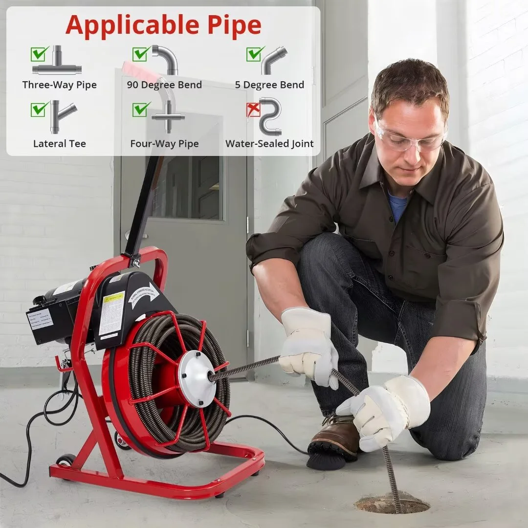 Drain Cleaner Machine 75 Ft X 1/2 Inch, Professional Electric Drain Auger Sewer Auger fits 1 to 4 Inch Pipes, Portable Electric Drain Snake with 4 Cutters & Foot Switch and Gloves