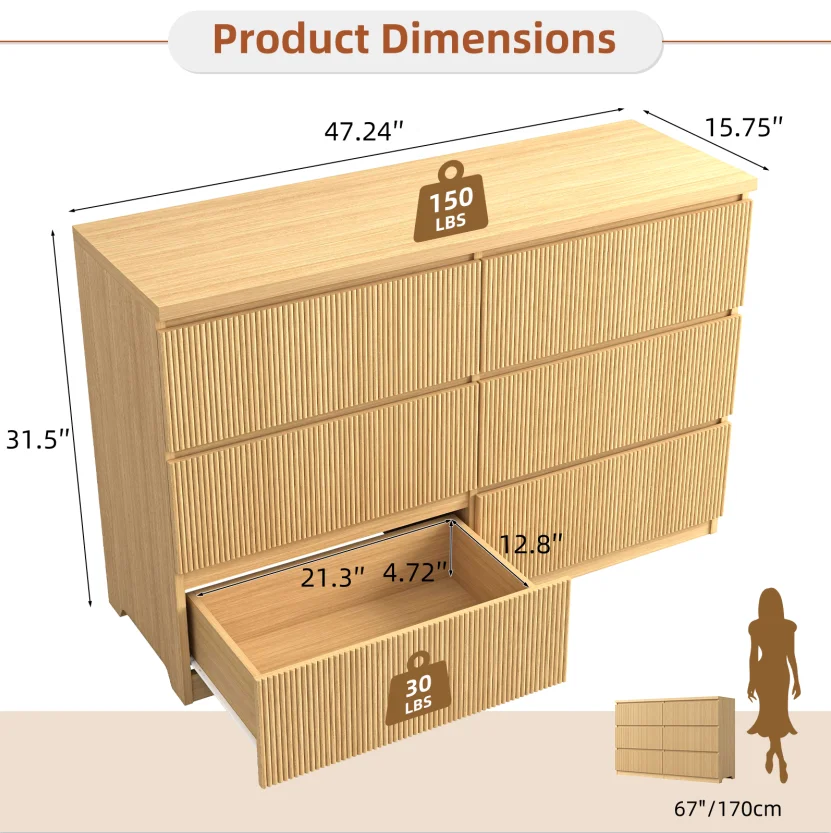Fluted 6 Drawers Dresser, Wide Modern Chest of Drawers, Curved Profile Design, Dresser TV Stand, Wood Drawer Organizer for Bedroom, Living Room, Hallway