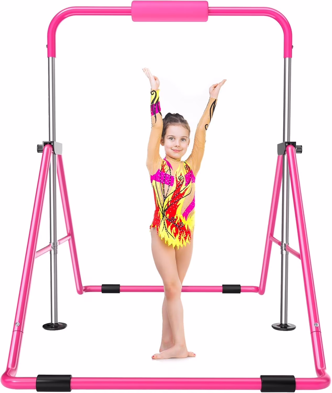 Safly Fun Gymnastics Bar with Mat for Kids, Height Adjustable Junior Training Bar Mat for Home, Folding Gymnastic Horizontal Bars Equipment (Pink+Mat)