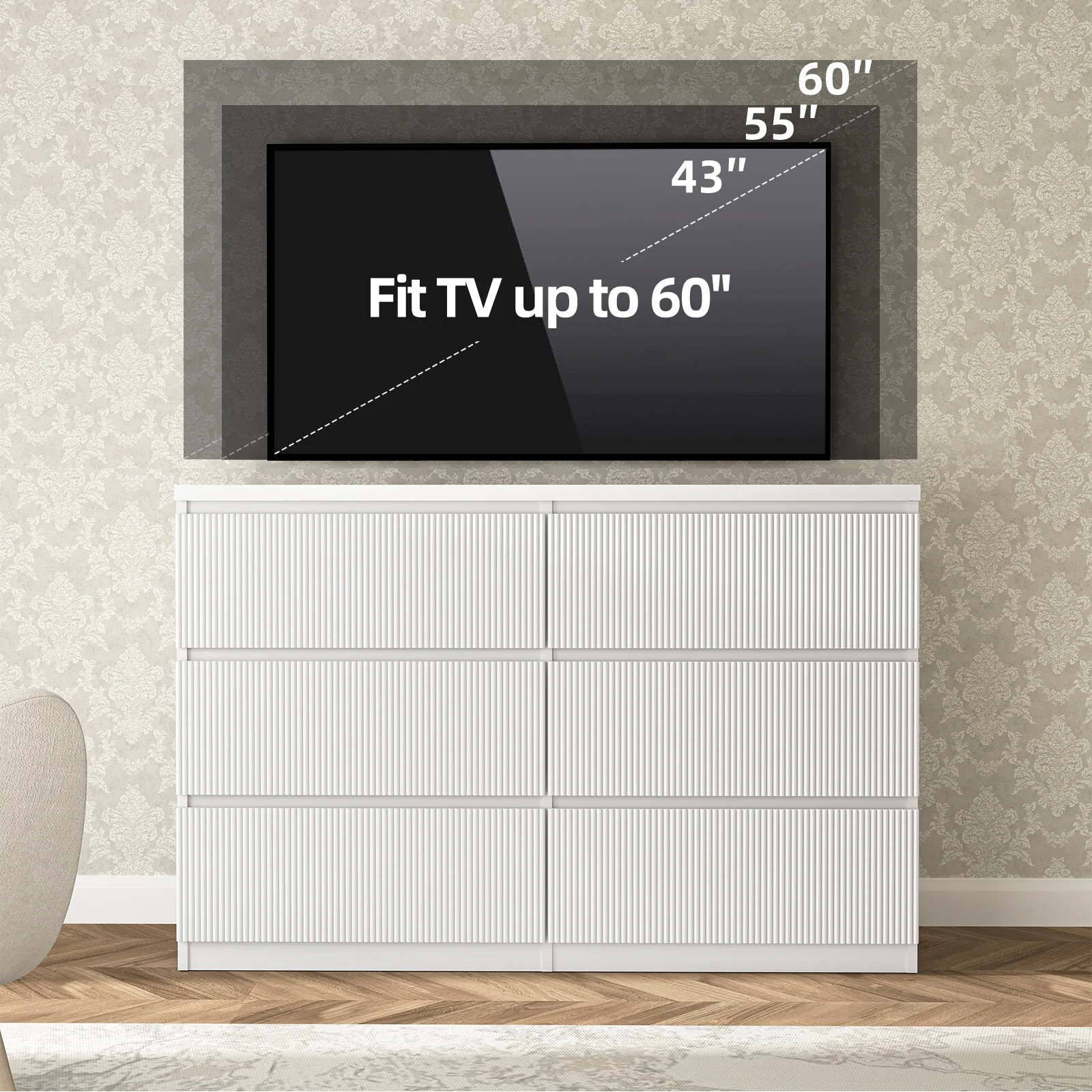 Fluted 6 Drawers Dresser, Wide Modern Chest of Drawers, Curved Profile Design, Dresser TV Stand, Wood Drawer Organizer for Bedroom, Living Room, Hallway