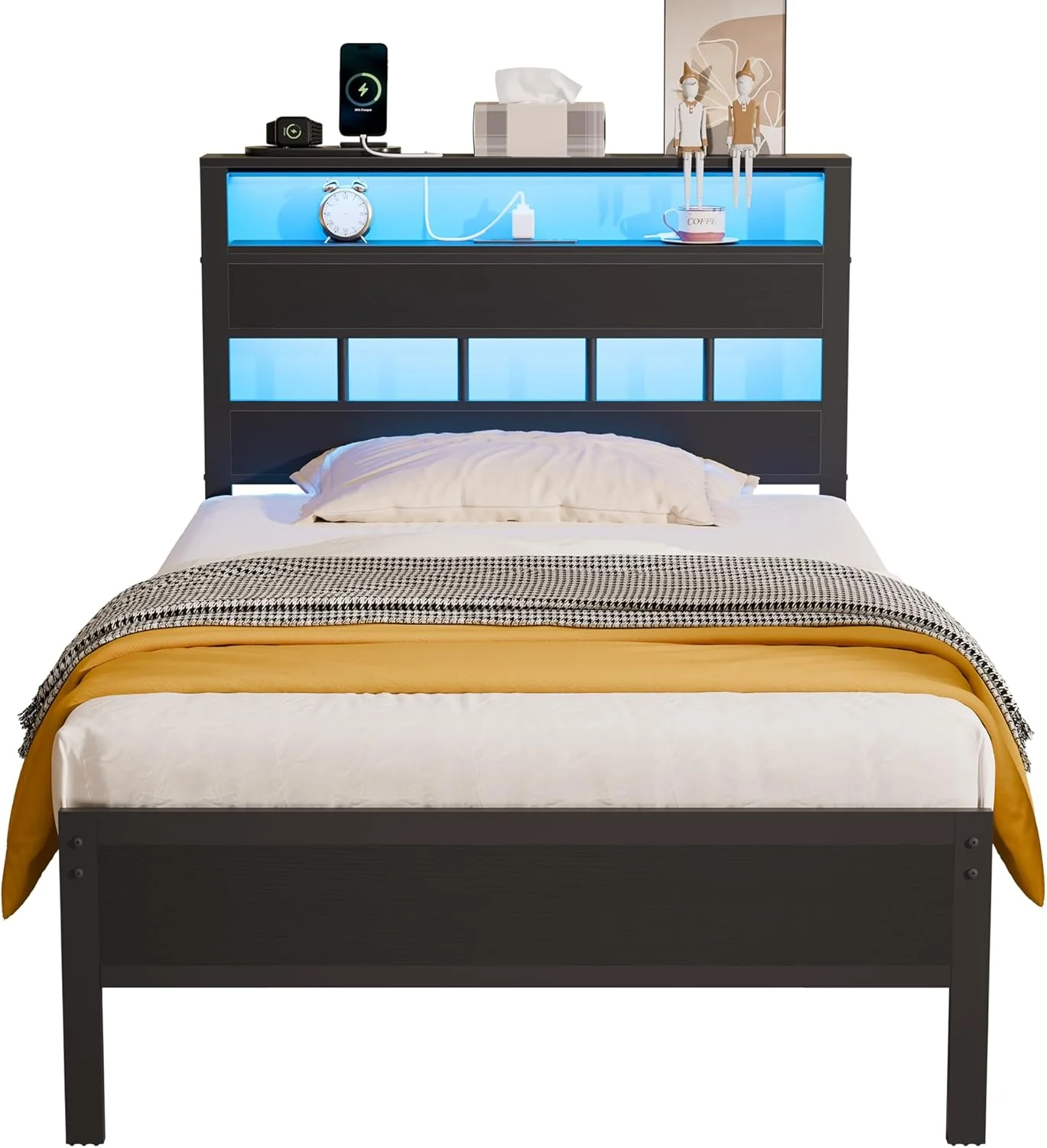 RONOVIA  Twin Bed Frames with Charging Station and LED Lights, Twin Size Platform Bed with Metal Slats, Wood Headboard with 2-Tier Storage Shelves, No Box Spring Needed, Black Oak