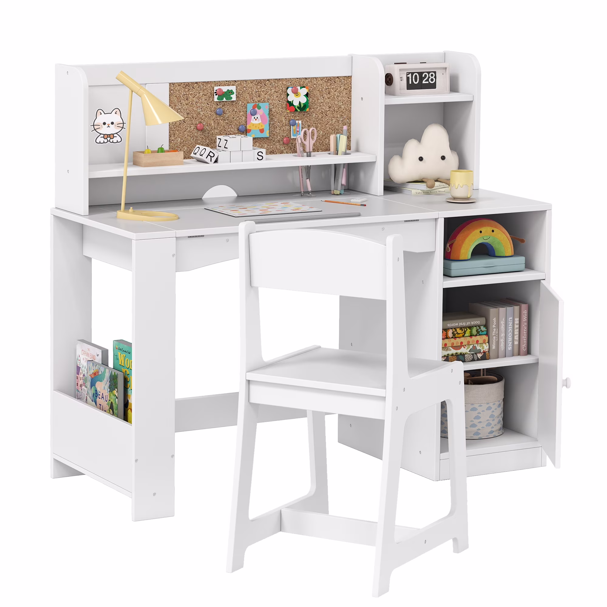 Reasea Kids Study Desk and Chair Set with Tiltable Desktop, Hutch & Storage - Wooden Writing Table for Ages 5-12,White