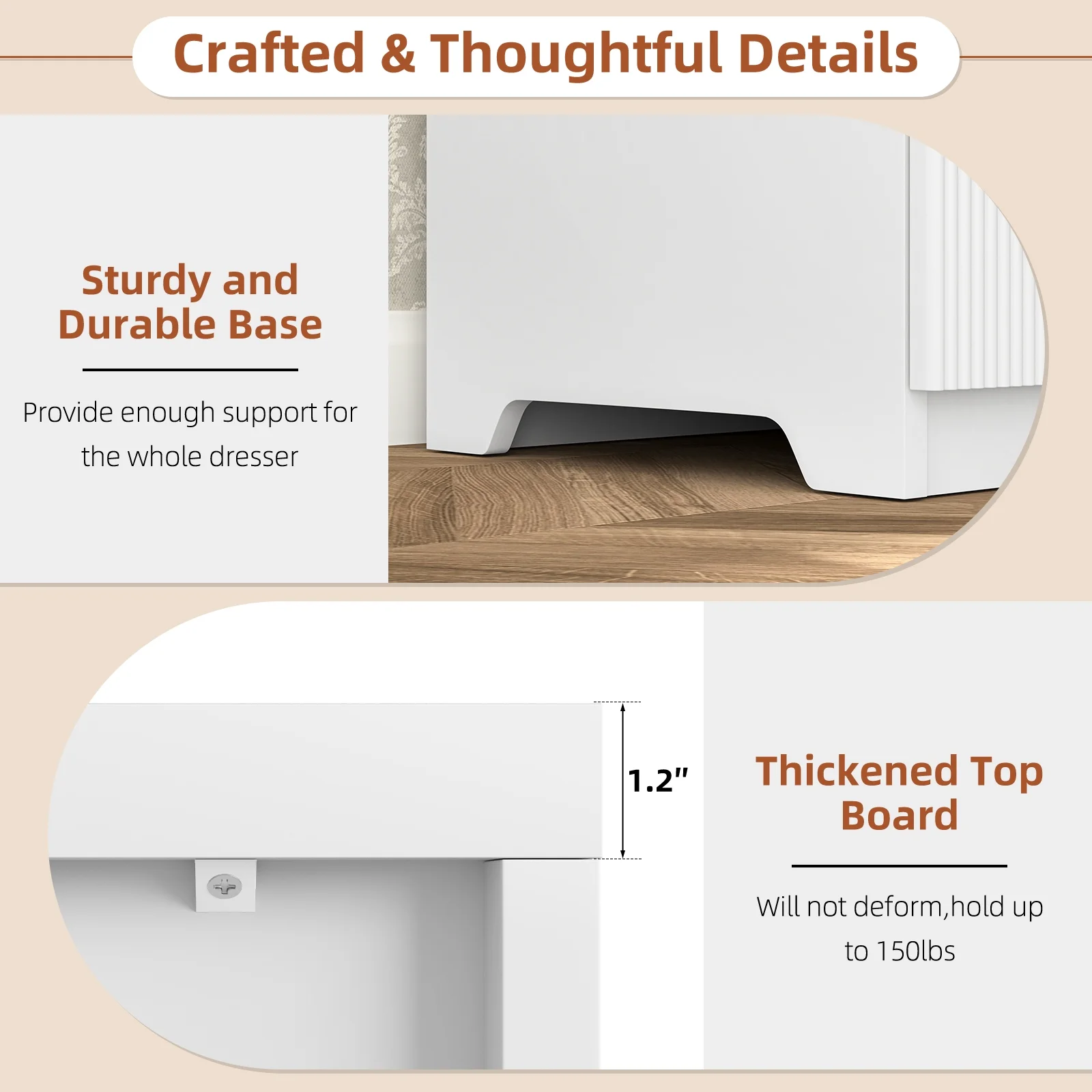 Fluted 6 Drawers Dresser, Wide Modern Chest of Drawers, Curved Profile Design, Dresser TV Stand, Wood Drawer Organizer for Bedroom, Living Room, Hallway