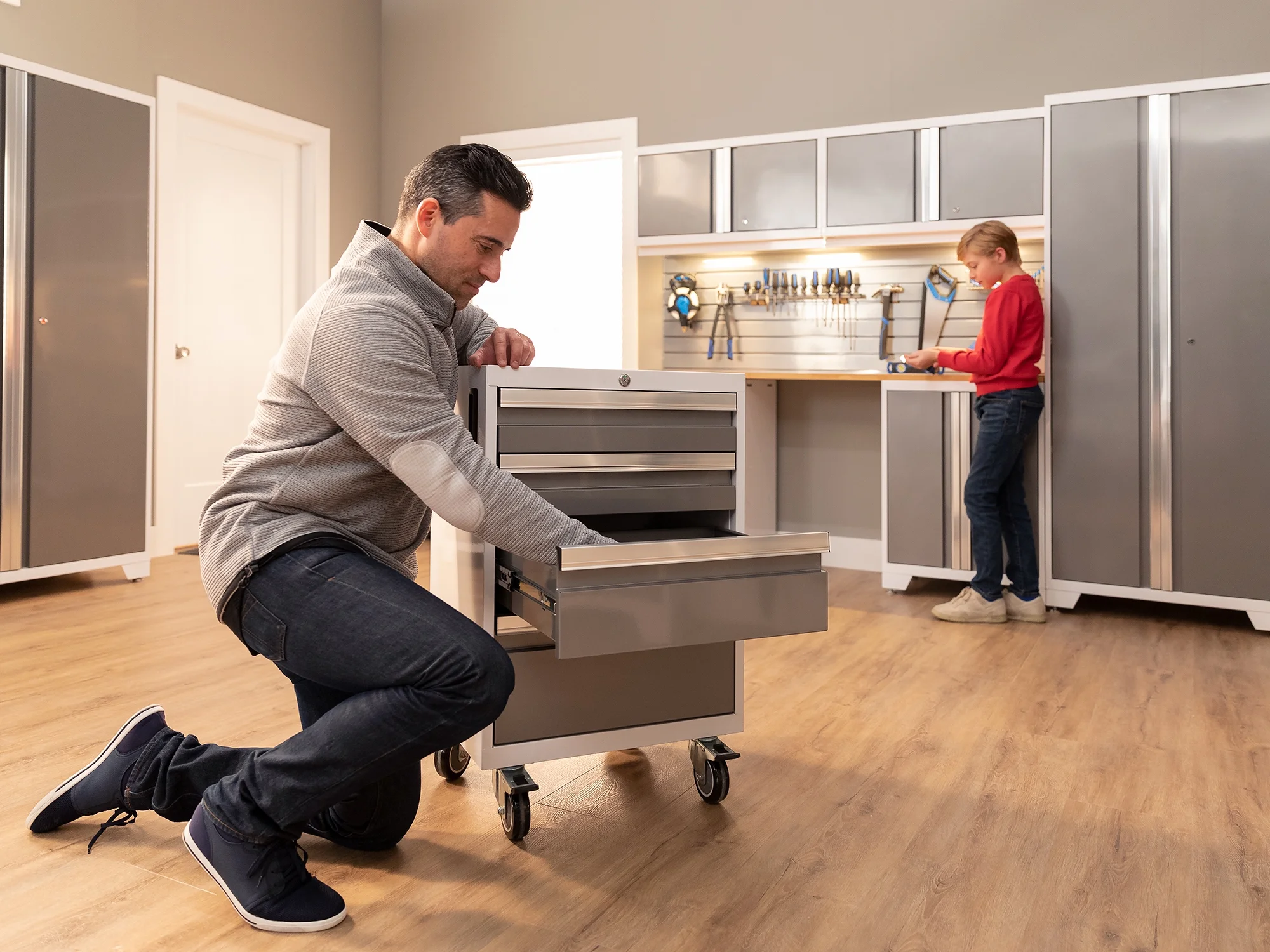 NewAge Products Bold Series Gray 10 Piece Cabinet Set, Heavy Duty 24-Gauge Steel Garage Storage System, Slatwall Included