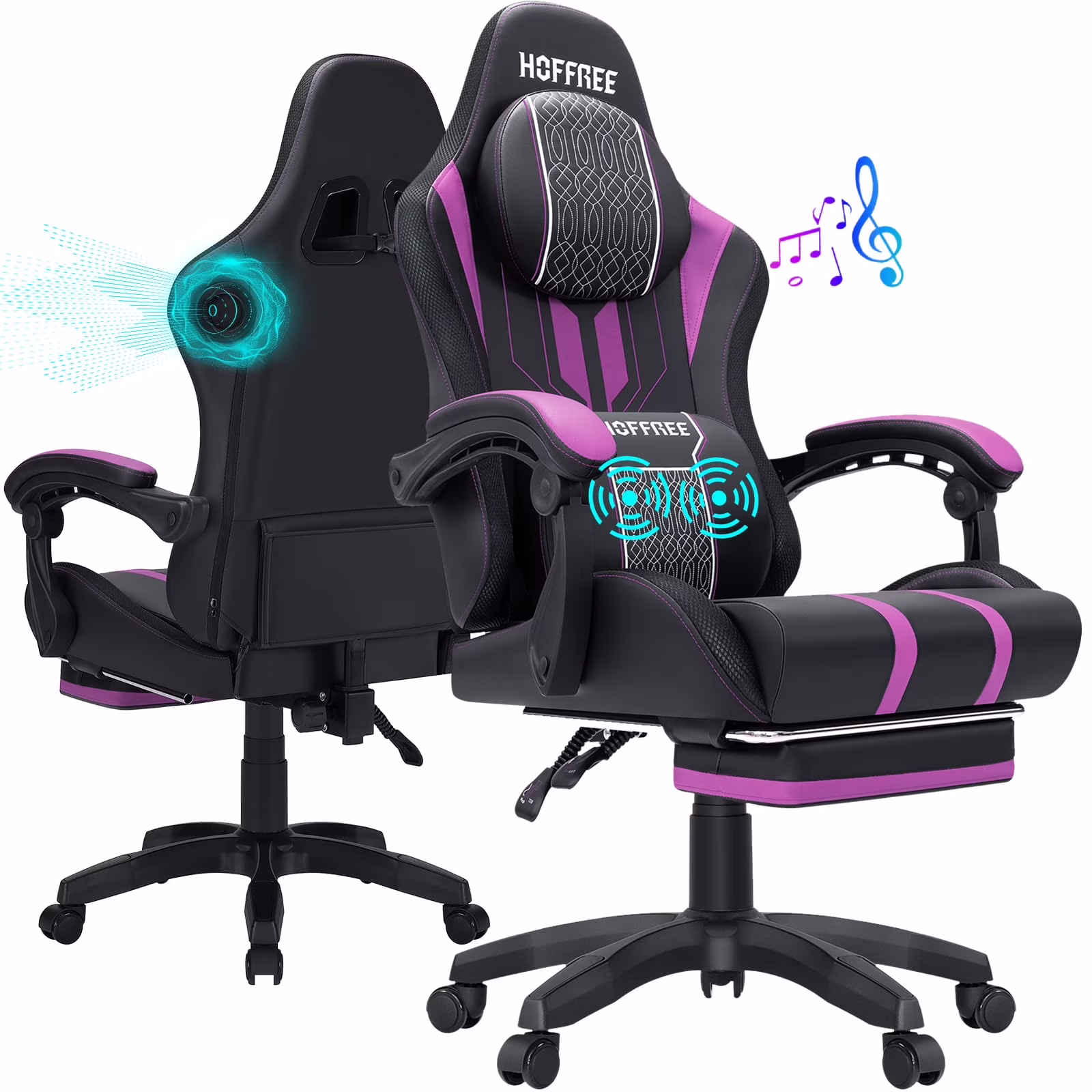 Hoffree Gaming Chair with Bluetooth Speakers Big and Tall Gamer Chair with Footrest and Massage Game Chair with Lumbar Support and 360-Swivel Seat and Headrest for Adults, 400lbs
