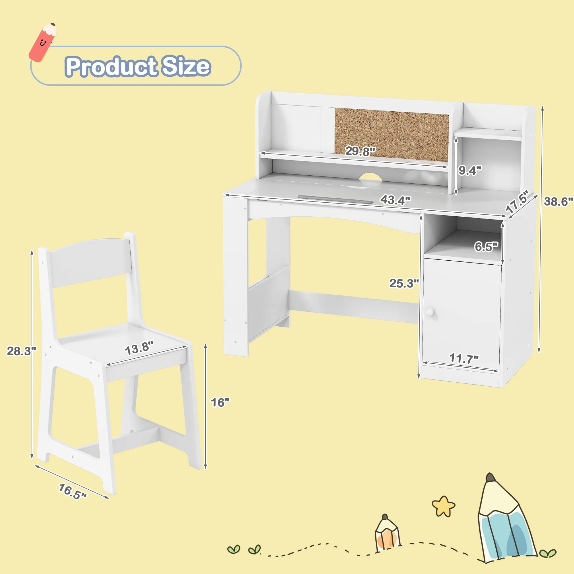 Reasea Kids Study Desk and Chair Set with Tiltable Desktop, Hutch & Storage - Wooden Writing Table for Ages 5-12,White