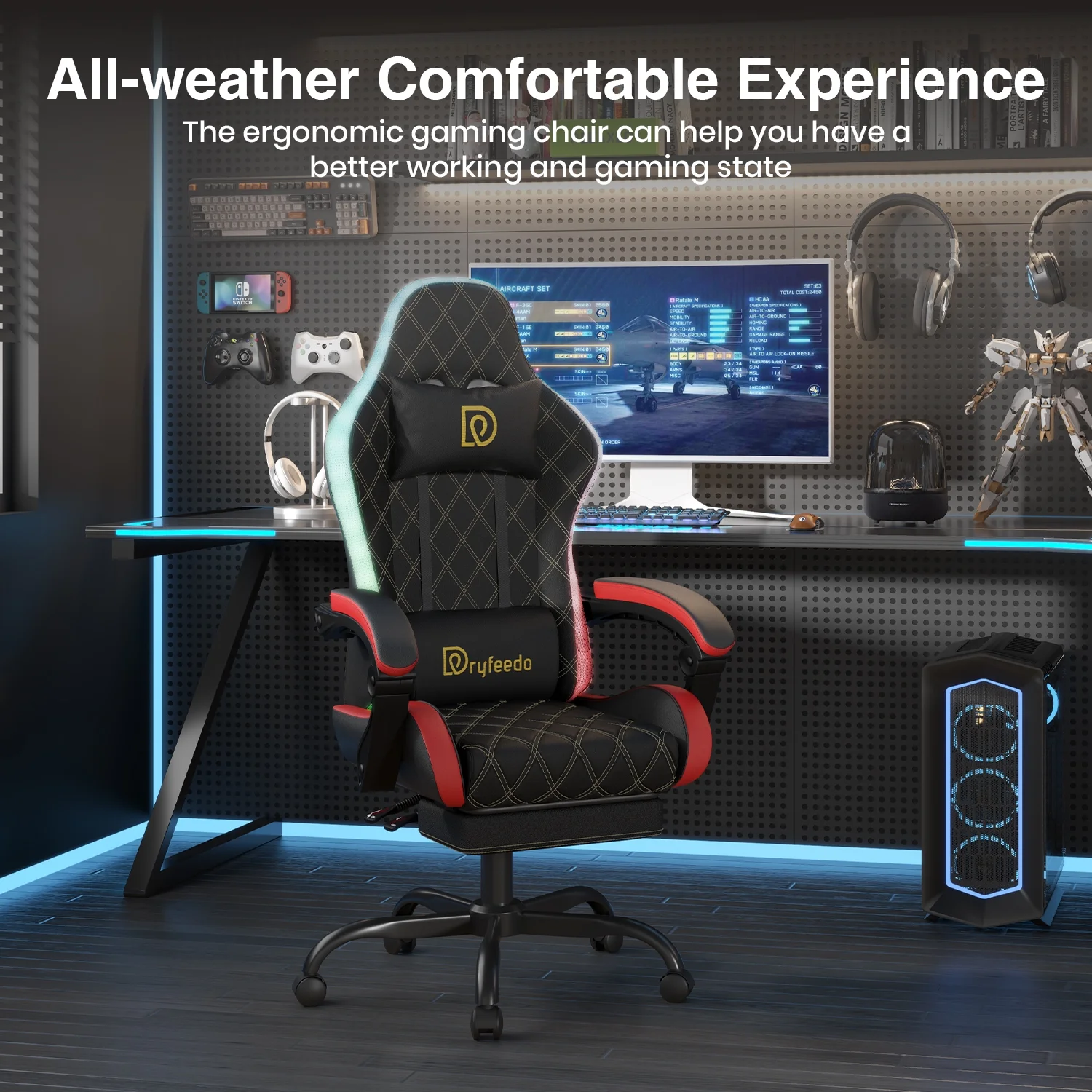 Dryfeedo Gaming Chair with LED Lights, Ergonomic Computer Chair with Lumbar Support, Adjustable Headrest & Footrest, Green