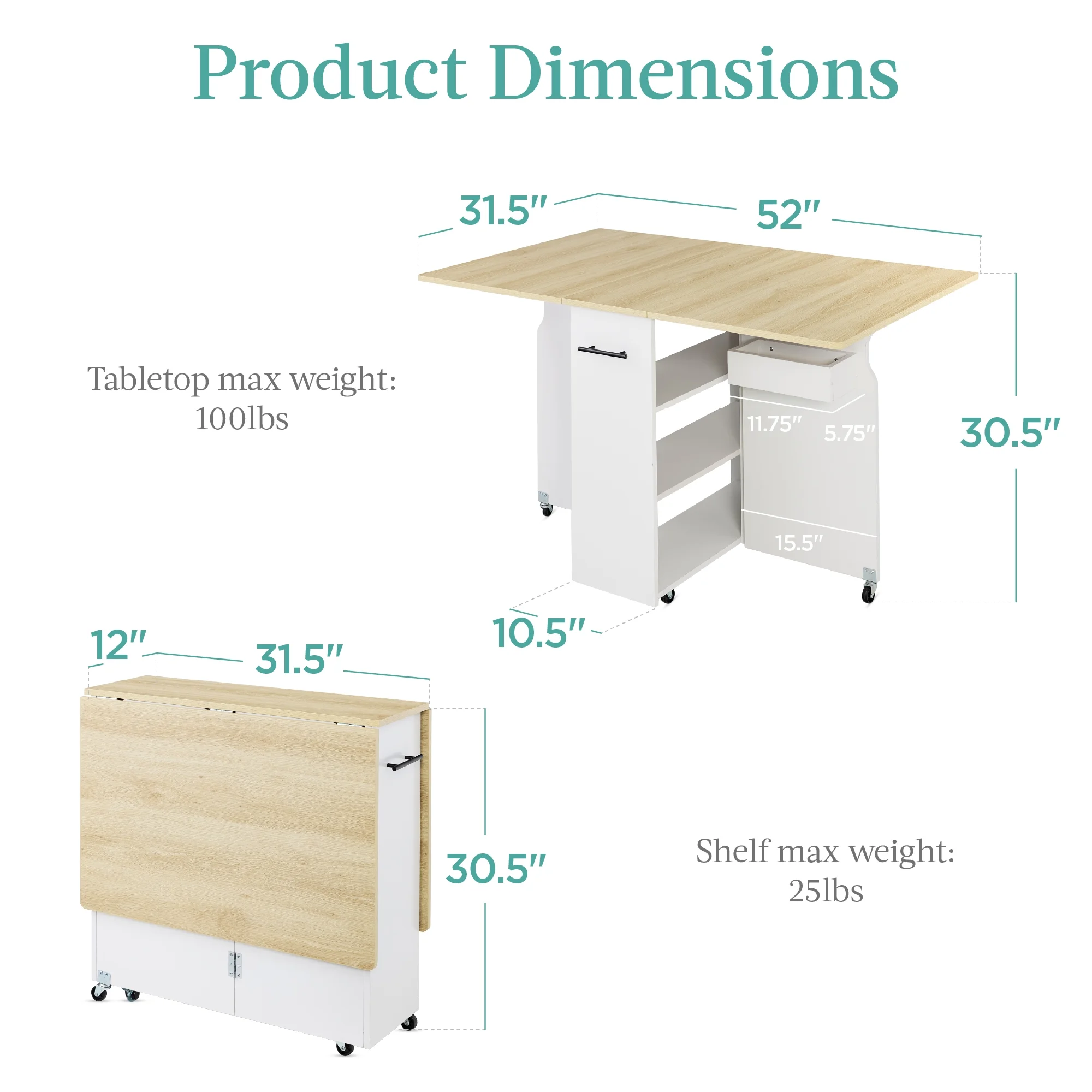 Best Choice Products Multipurpose Folding Table w/ Wheels, 3 Storage Shelves, Cubby, Handle - Brown