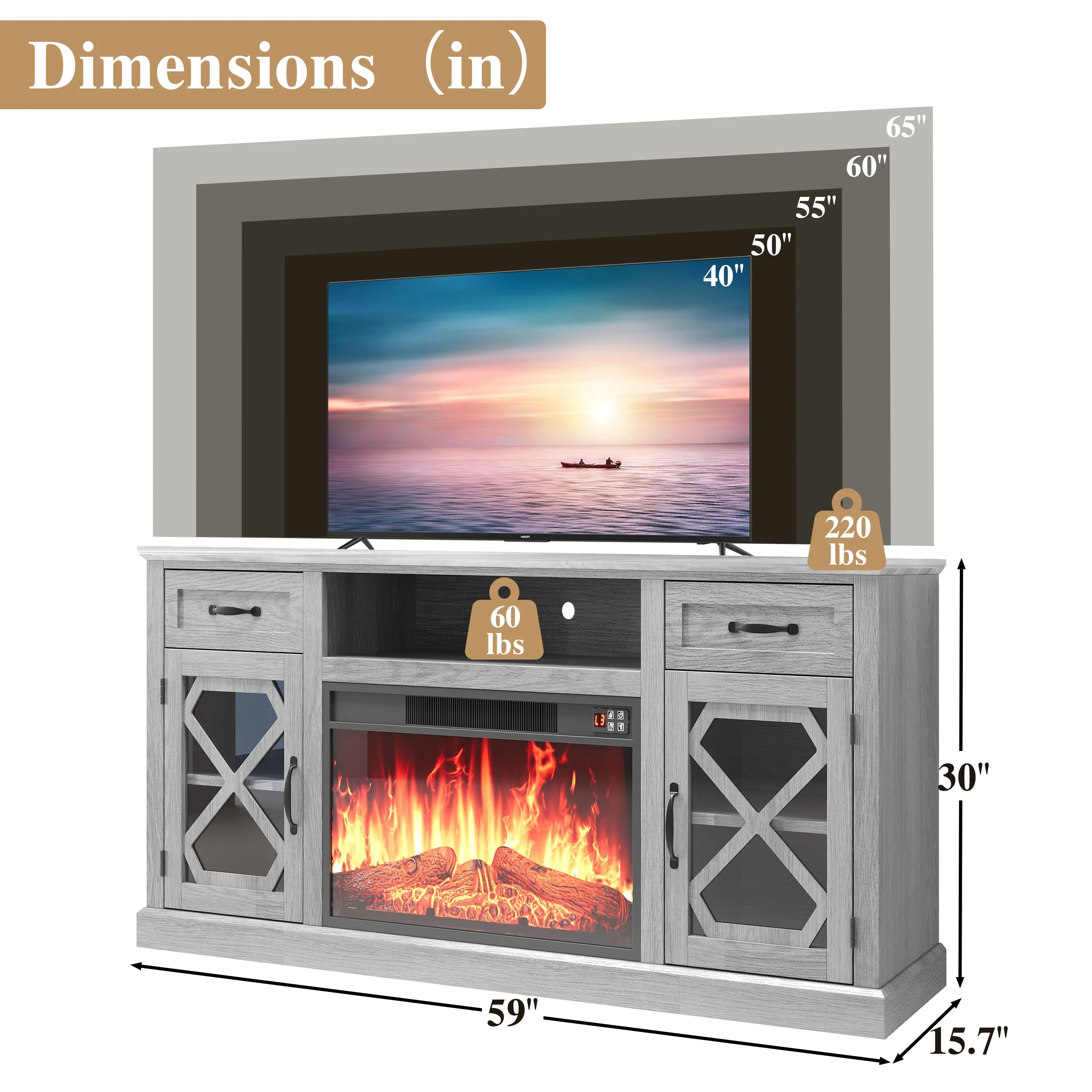 PAPROOS Fireplace TV Stand for 65 Inch TV, Modern Farmhouse TV Cabinet with 23'' Electric Fireplace, Entertainment Center Television Console Table for Living Room, Black+Brown