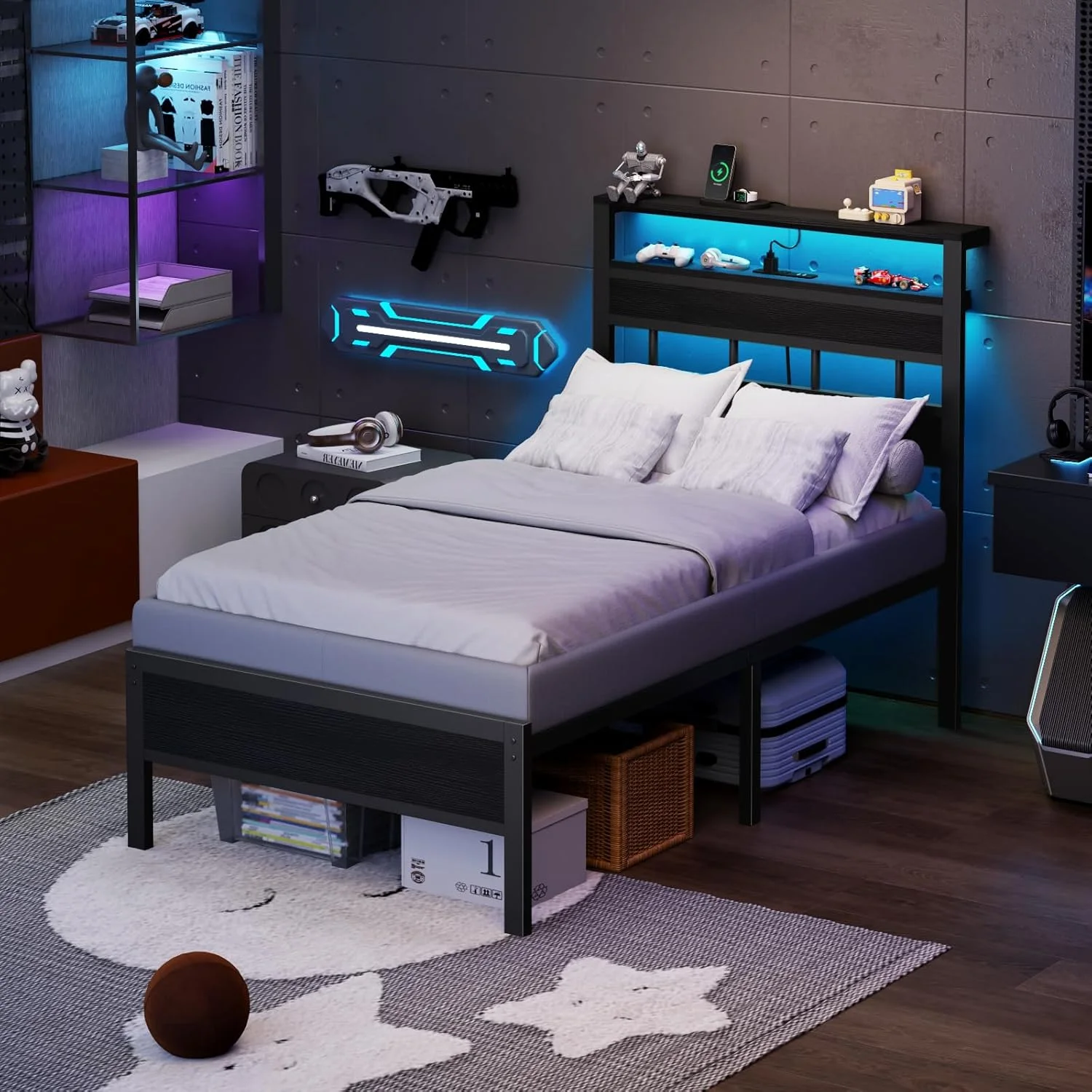 RONOVIA  Twin Bed Frames with Charging Station and LED Lights, Twin Size Platform Bed with Metal Slats, Wood Headboard with 2-Tier Storage Shelves, No Box Spring Needed, Black Oak