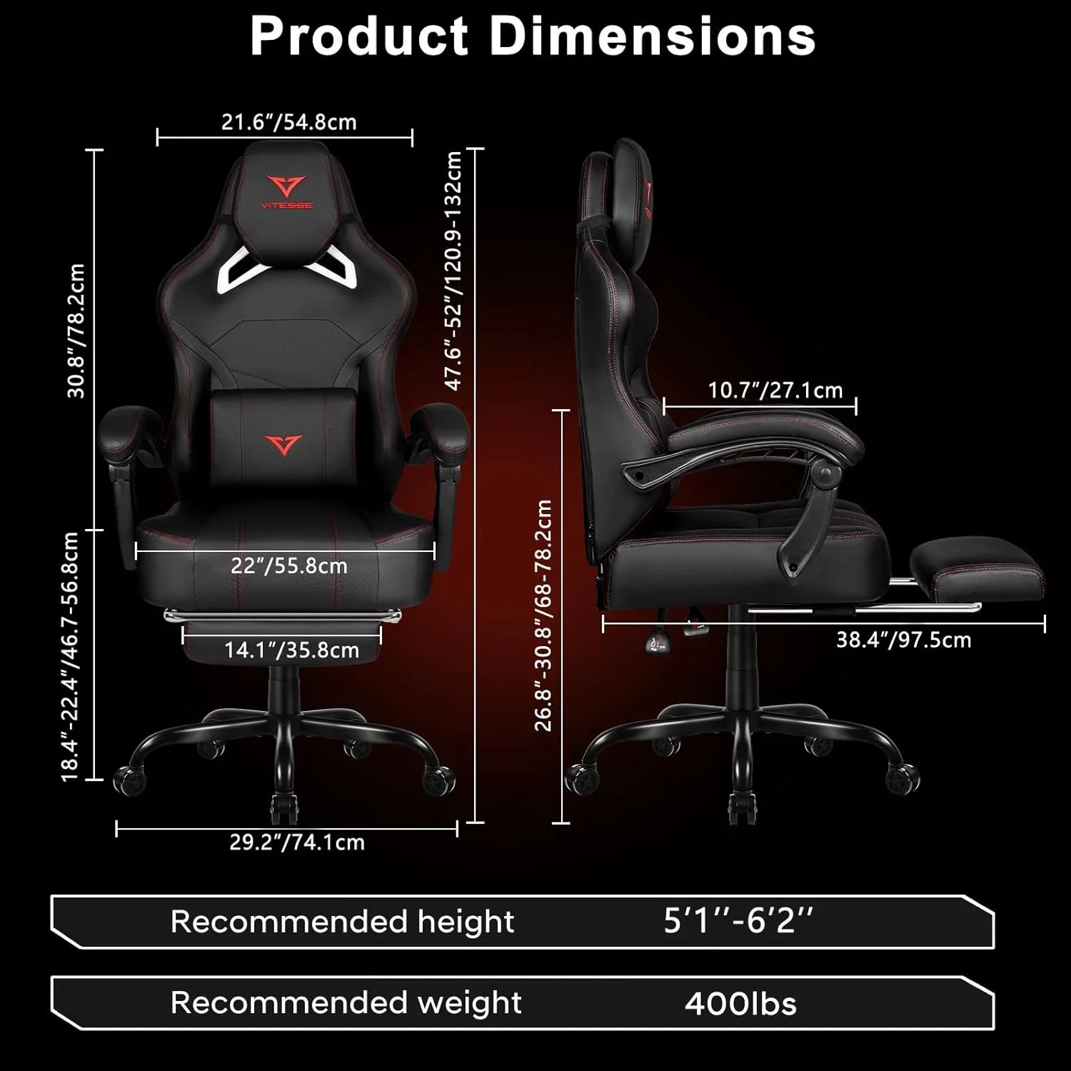 VITESSE Big and Tall Gaming Chair 400lb Weight Capacity with Footrest, Ergonomic Video Game Chair for Adults with Oversized Headrest and Lumbar Pillow, Computer Chair Gaming for Office (Black+Red)
