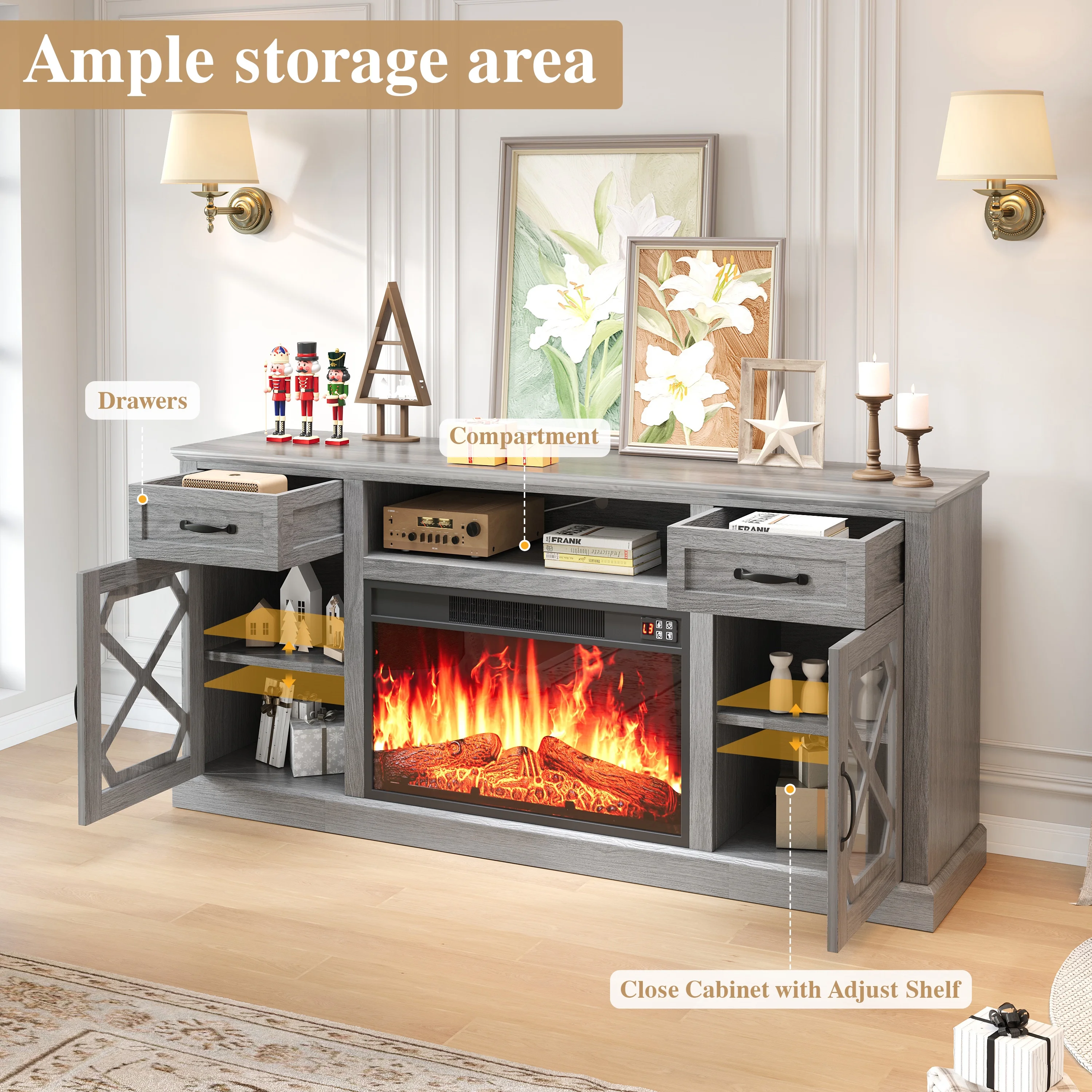 PAPROOS Fireplace TV Stand for 65 Inch TV, Modern Farmhouse TV Cabinet with 23'' Electric Fireplace, Entertainment Center Television Console Table for Living Room, Black+Brown