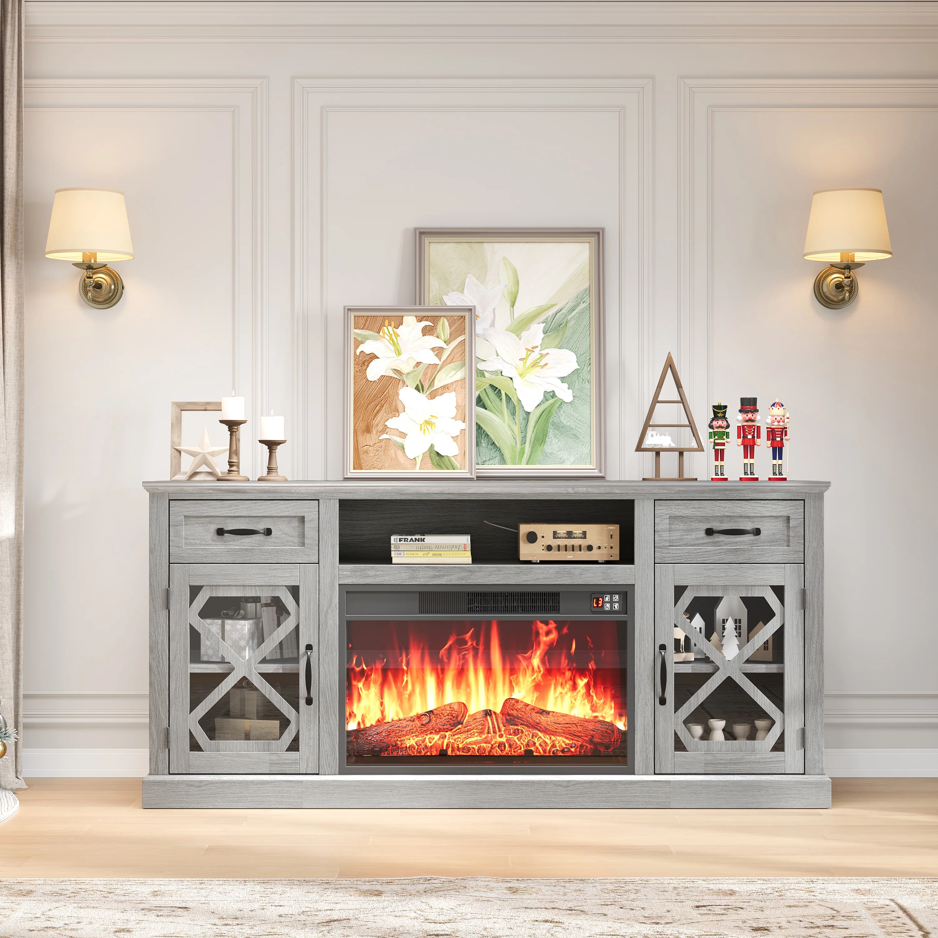 PAPROOS Fireplace TV Stand for 65 Inch TV, Modern Farmhouse TV Cabinet with 23'' Electric Fireplace, Entertainment Center Television Console Table for Living Room, Black+Brown