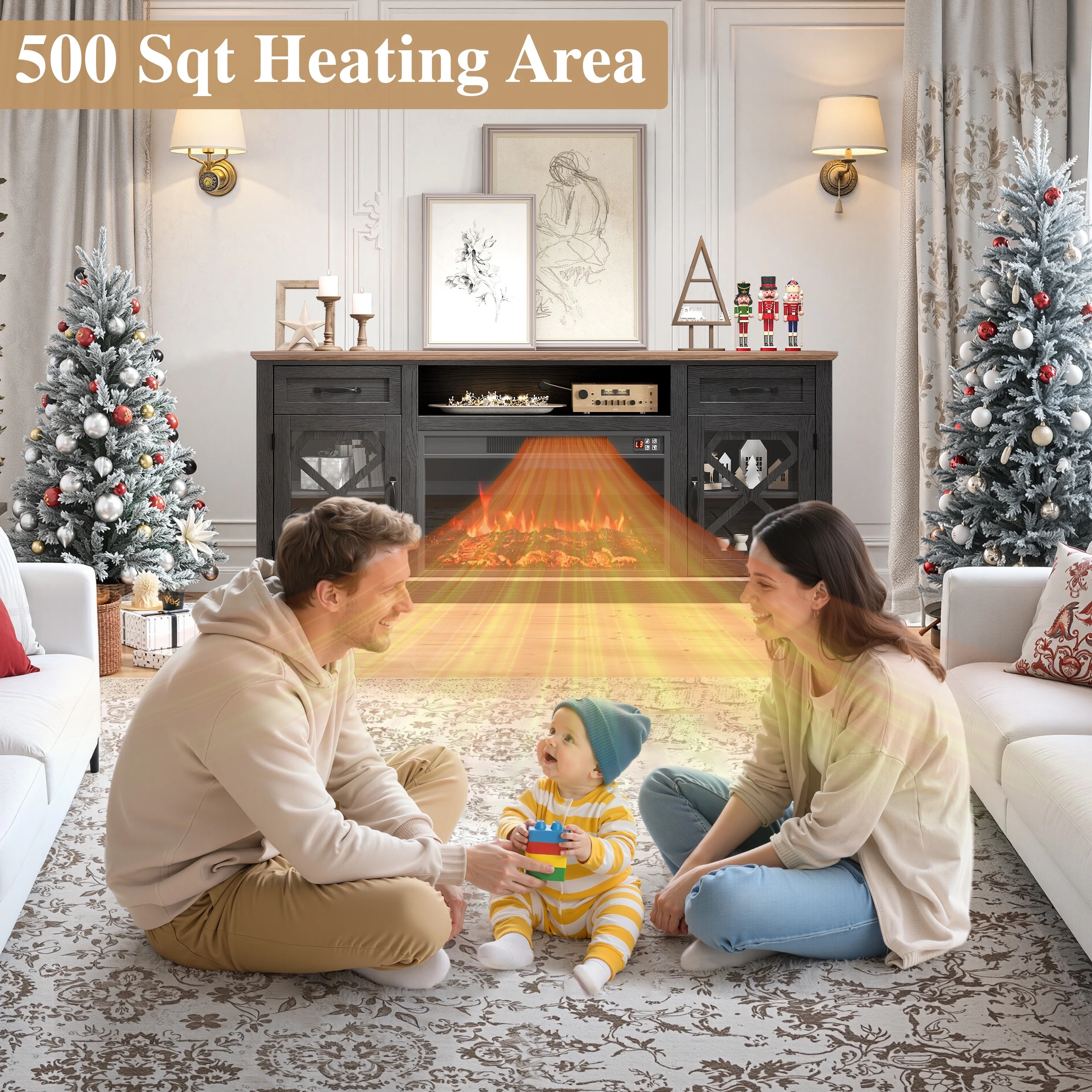 PAPROOS Fireplace TV Stand for 65 Inch TV, Modern Farmhouse TV Cabinet with 23'' Electric Fireplace, Entertainment Center Television Console Table for Living Room, Black+Brown