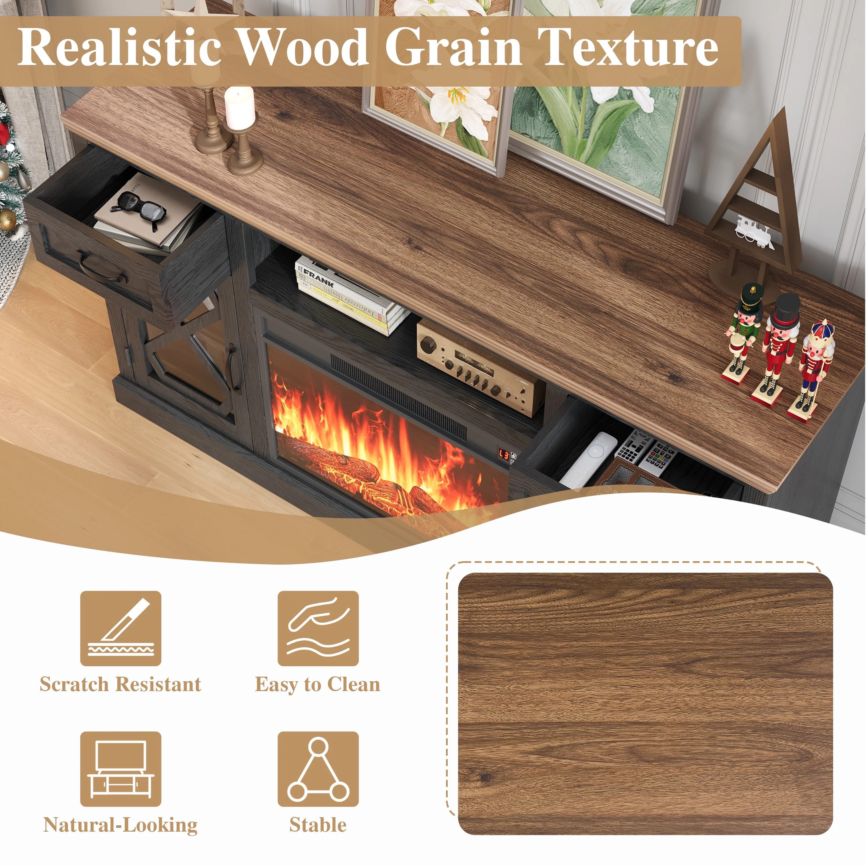 PAPROOS Fireplace TV Stand for 65 Inch TV, Modern Farmhouse TV Cabinet with 23'' Electric Fireplace, Entertainment Center Television Console Table for Living Room, Black+Brown