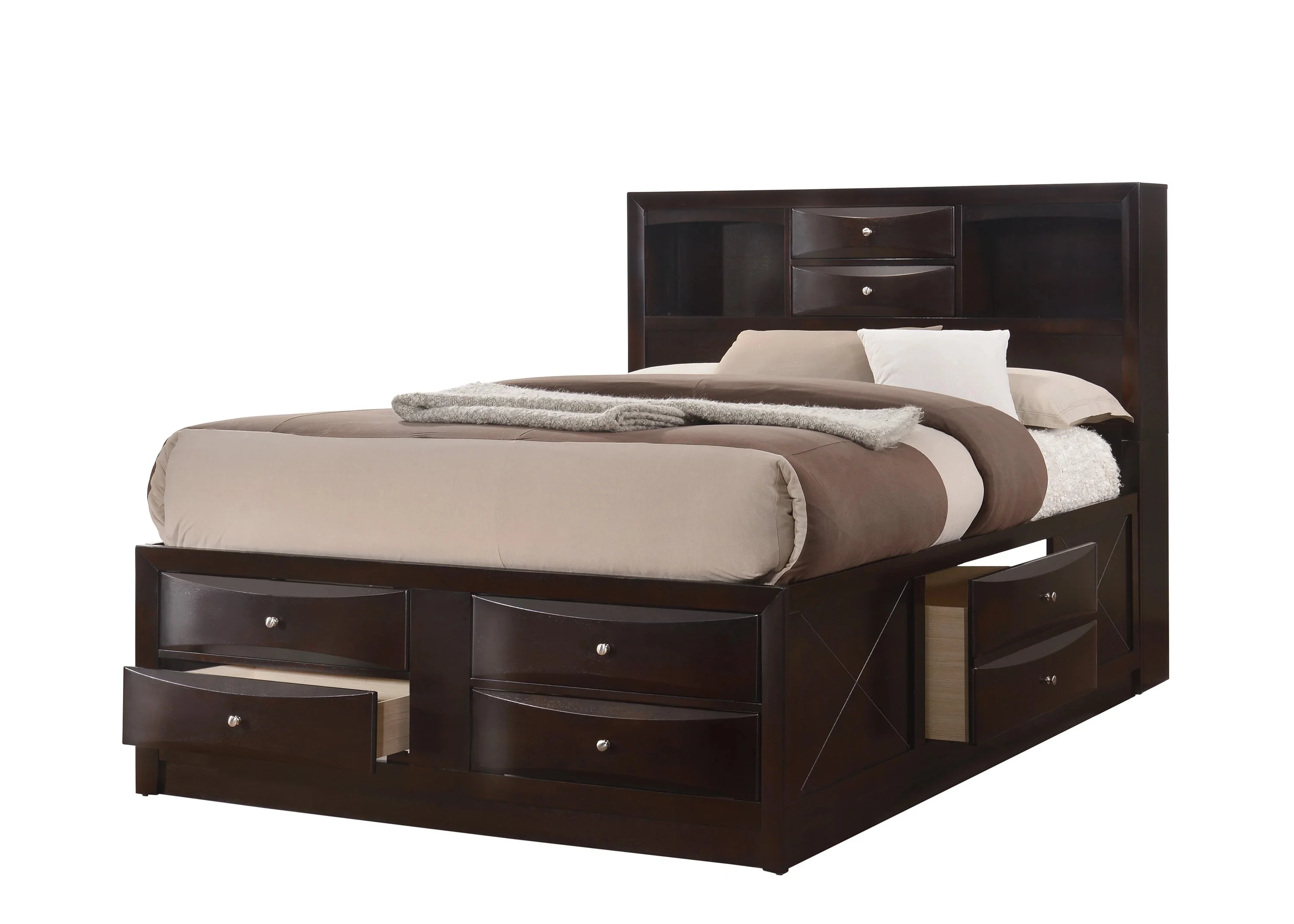 Contemporary Queen Size 6pc Captains Bed Set Storage Drawers Cherry Finish Solid Wood Master Bedroom Furniture