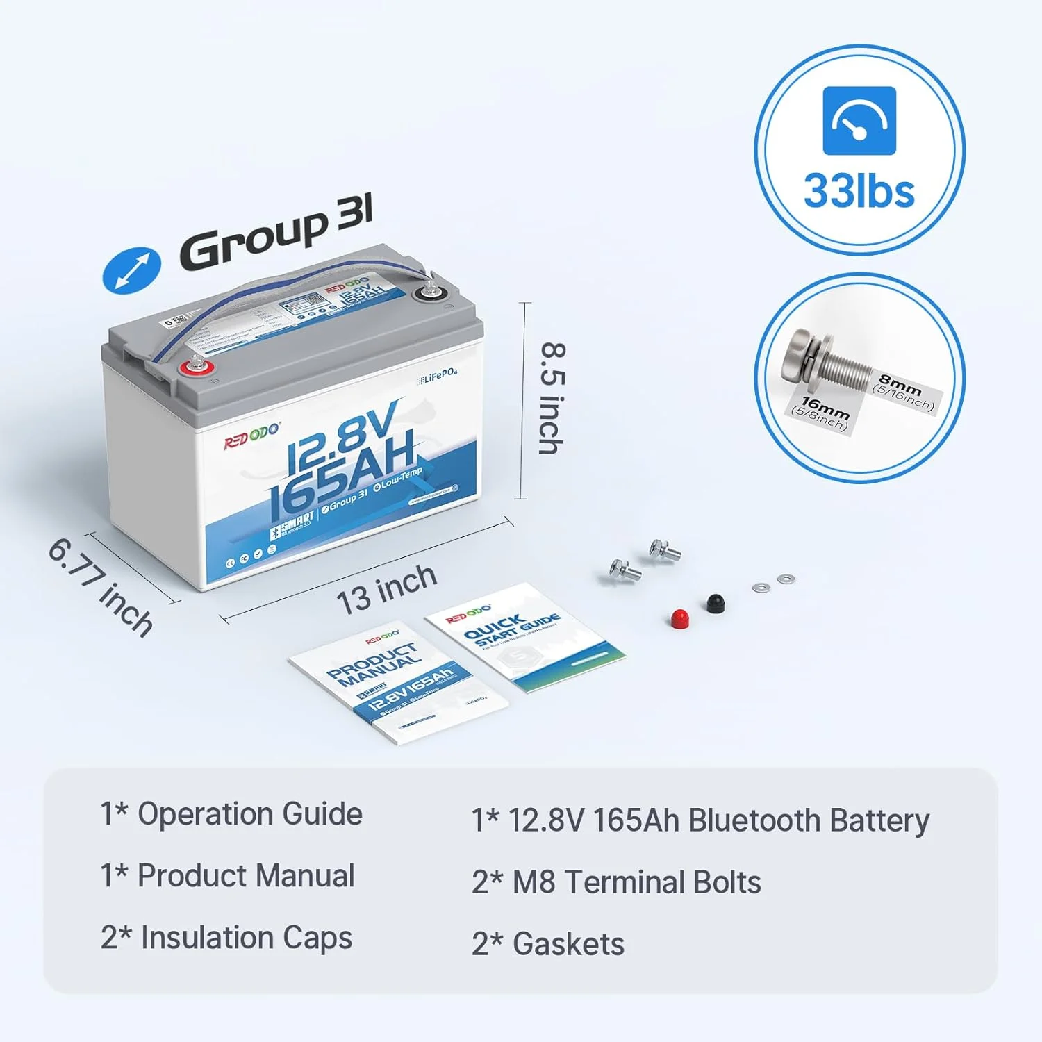 Redodo 12V 165Ah LiFePO4 Battery with Bluetooth, 165A BMS, 2112Wh, Group 31 Lithium Battery with 1.65X Longer Lasting, Perfect for RV, Marine, Solar