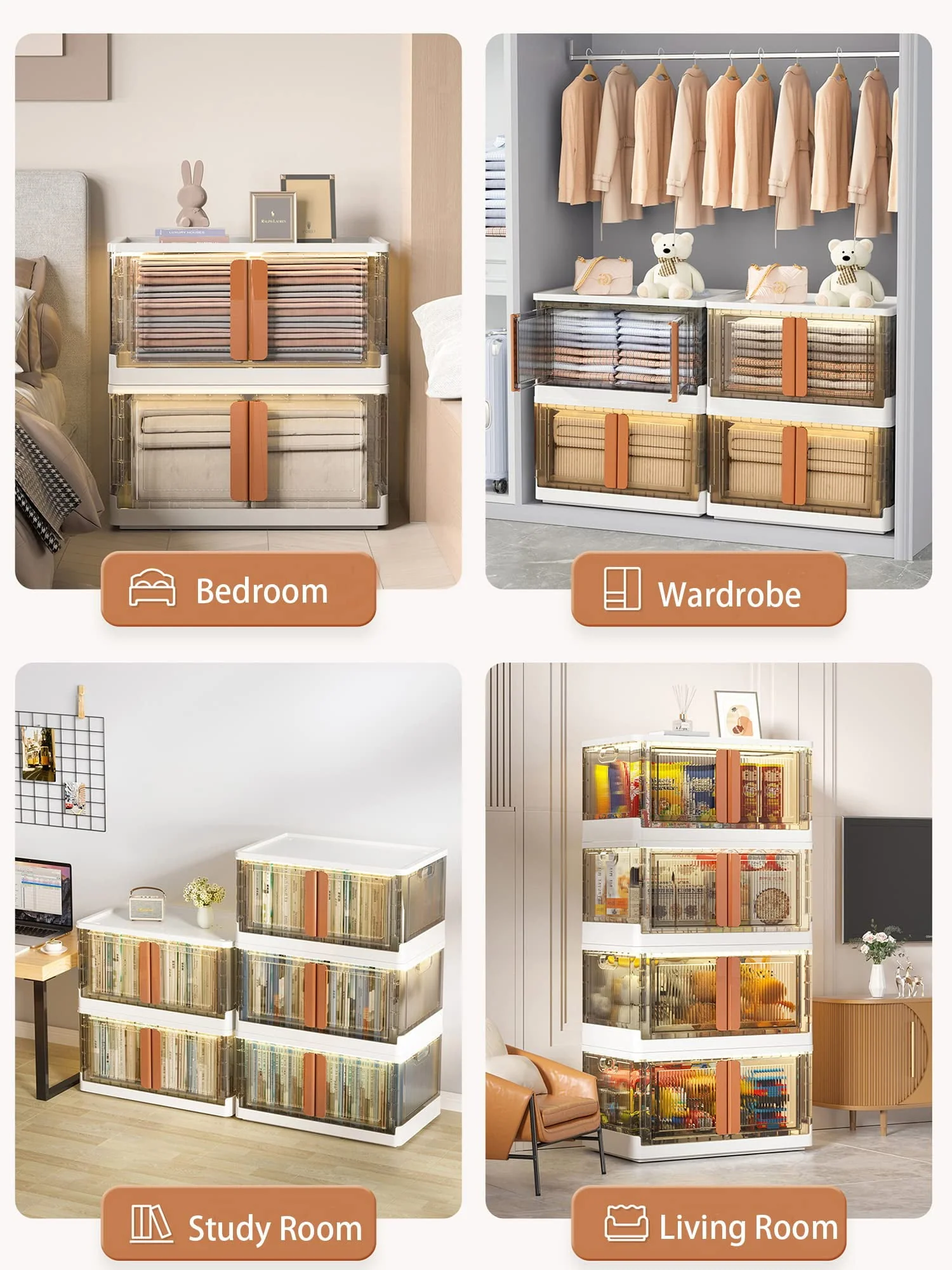 Closet Organizers and Storage, Folding Storage Box, Collapsible Totes , 4 Packs 8.4 Gal Clear Storage Bins, Stackable Storage Container, Shelves Organizer for Home