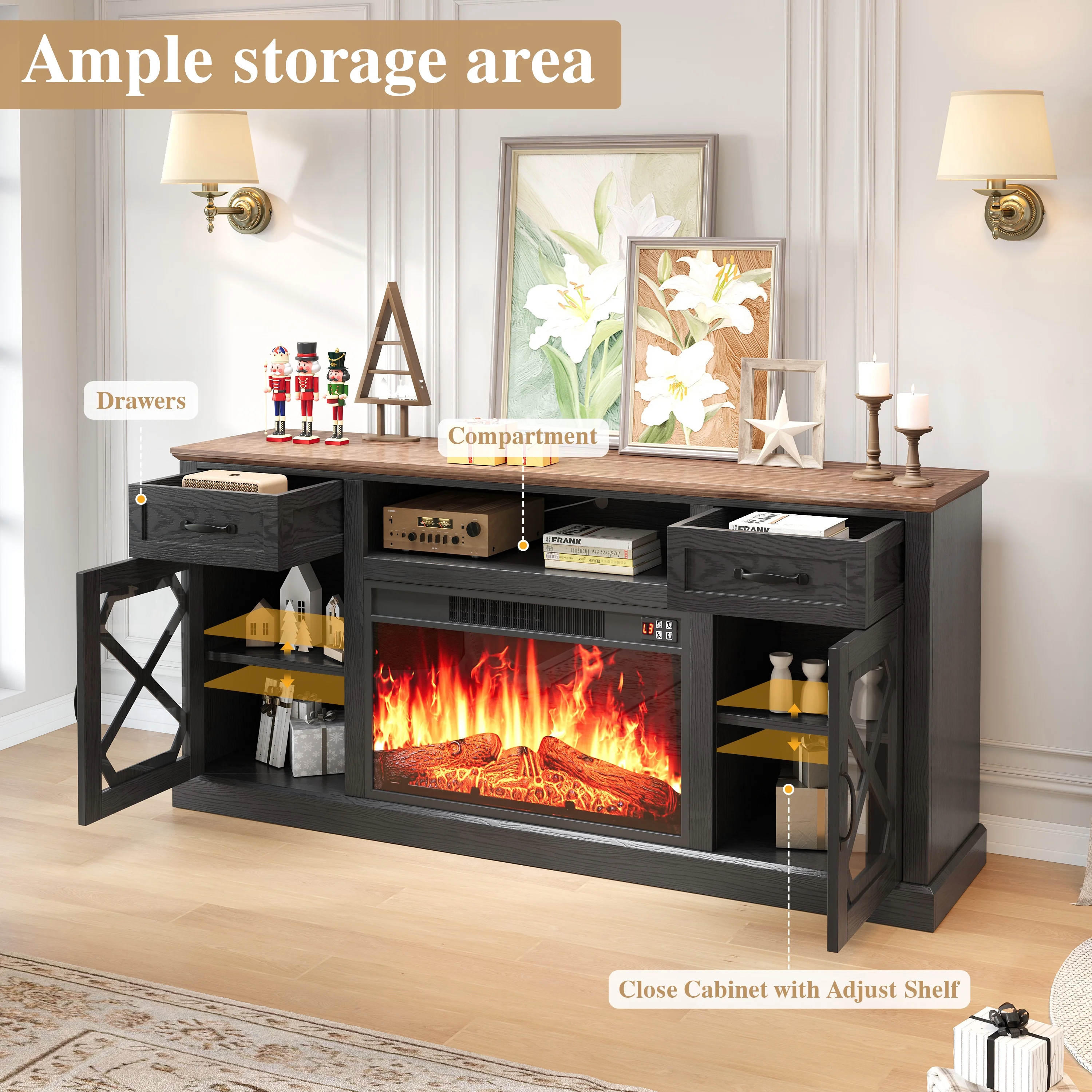 PAPROOS Fireplace TV Stand for 65 Inch TV, Modern Farmhouse TV Cabinet with 23'' Electric Fireplace, Entertainment Center Television Console Table for Living Room, Black+Brown