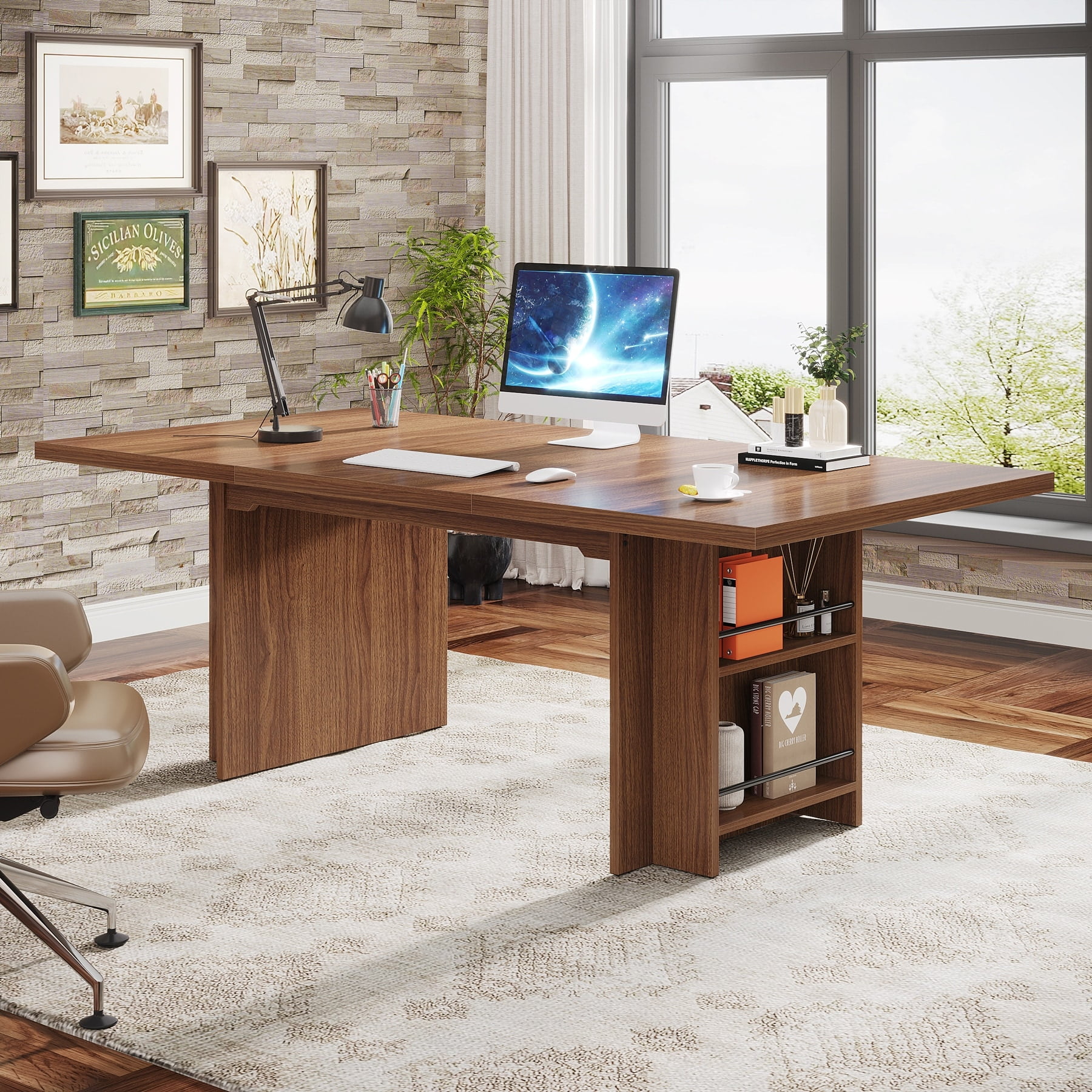 63-in Large Executive Desk, Home Office Desk Large Computer Writing Table with Storage Walnut